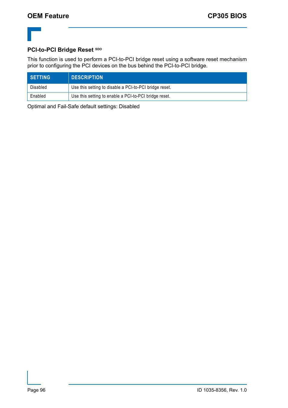 Pci-to-pci bridge reset sdo, Oem feature cp305 bios | Kontron CP305 BIOS User Manual | Page 106 / 124