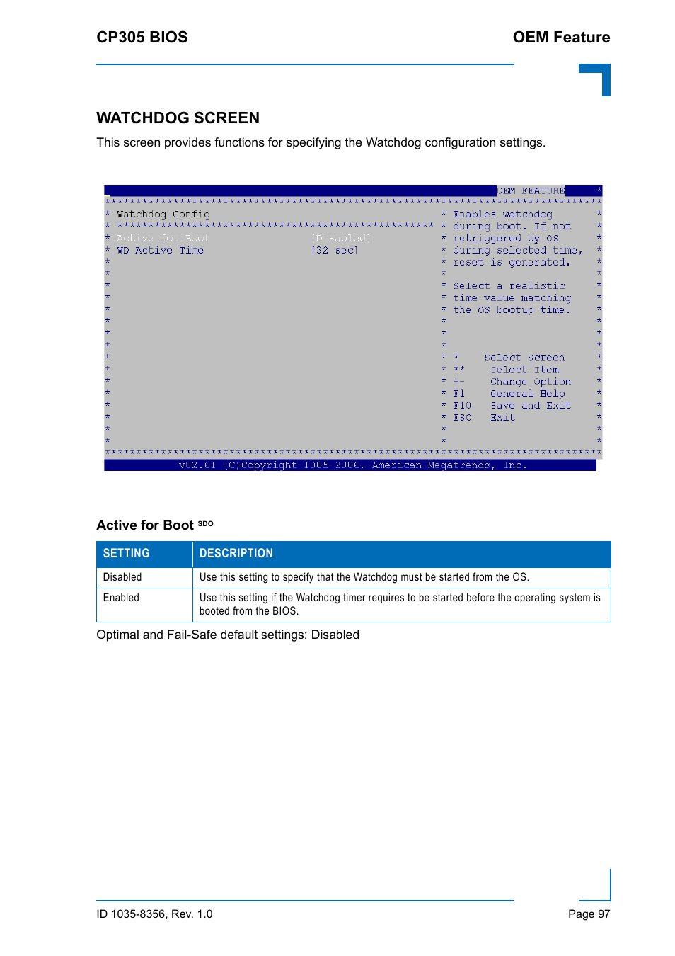 Watchdog screen, Active for boot sdo, Cp305 bios oem feature | Kontron CP305 BIOS User Manual | Page 107 / 124