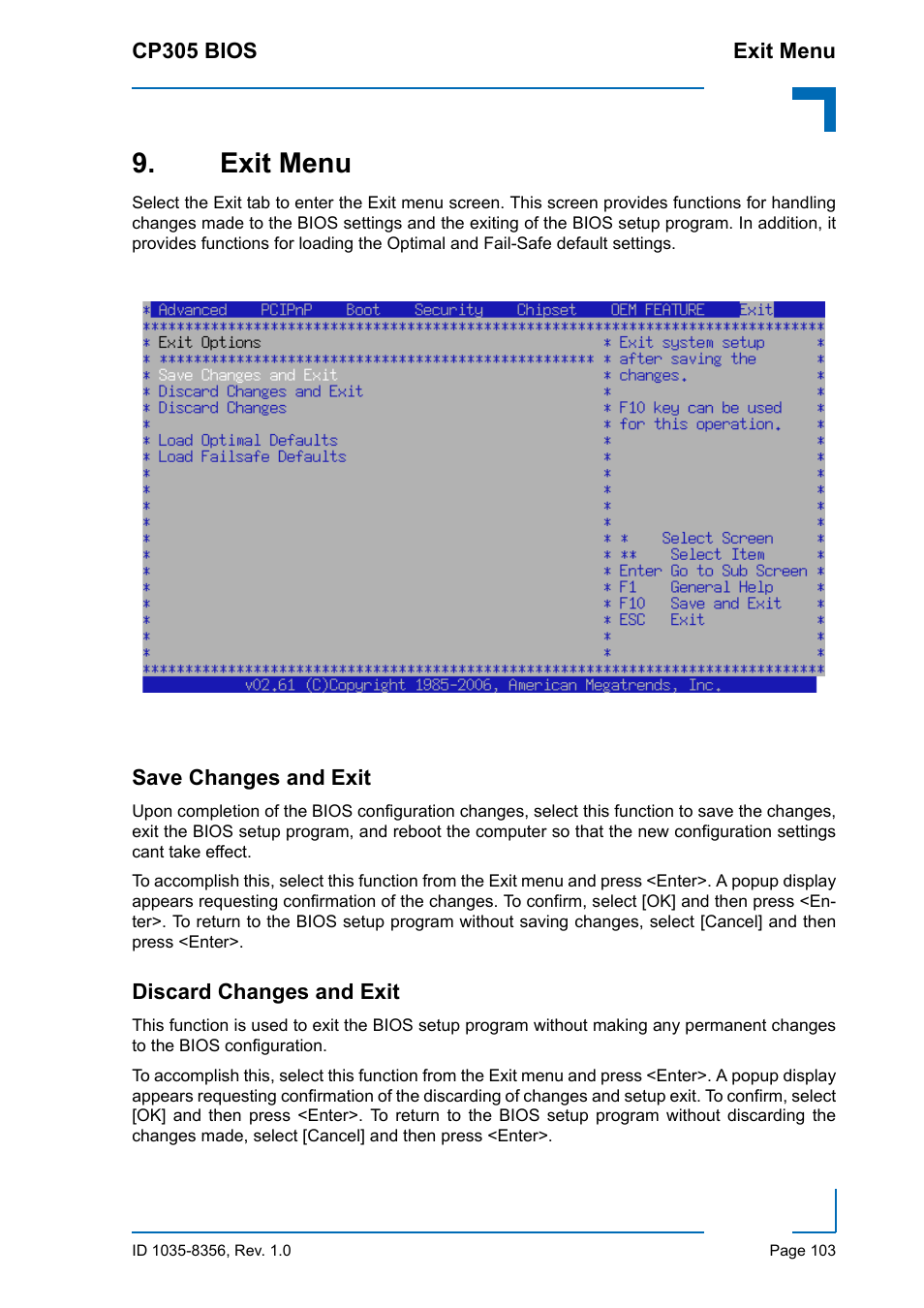 Exit menu, Save changes and exit, Discard changes and exit | Save changes and exit discard changes and exit | Kontron CP305 BIOS User Manual | Page 113 / 124