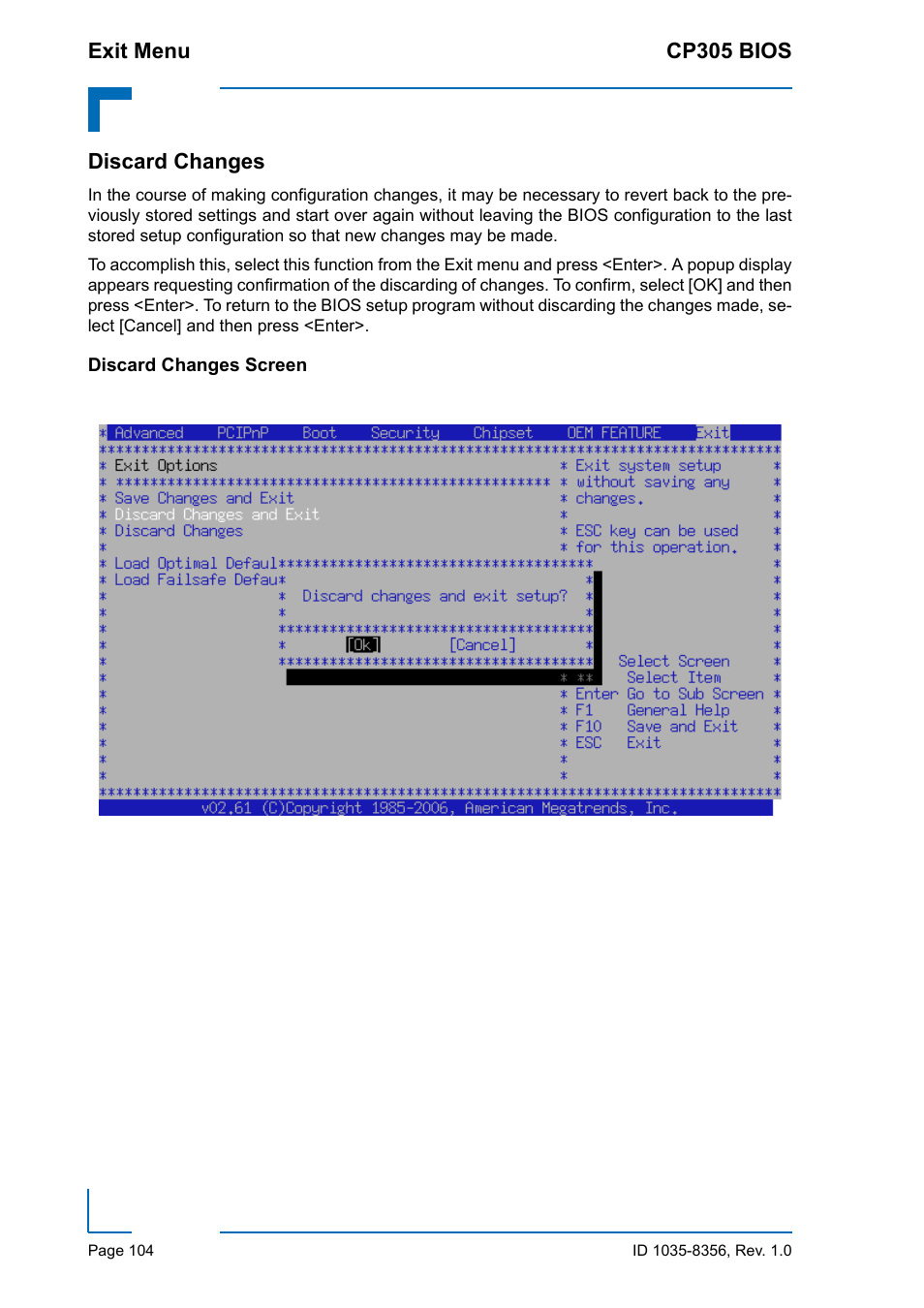 Discard changes, Discard changes screen | Kontron CP305 BIOS User Manual | Page 114 / 124