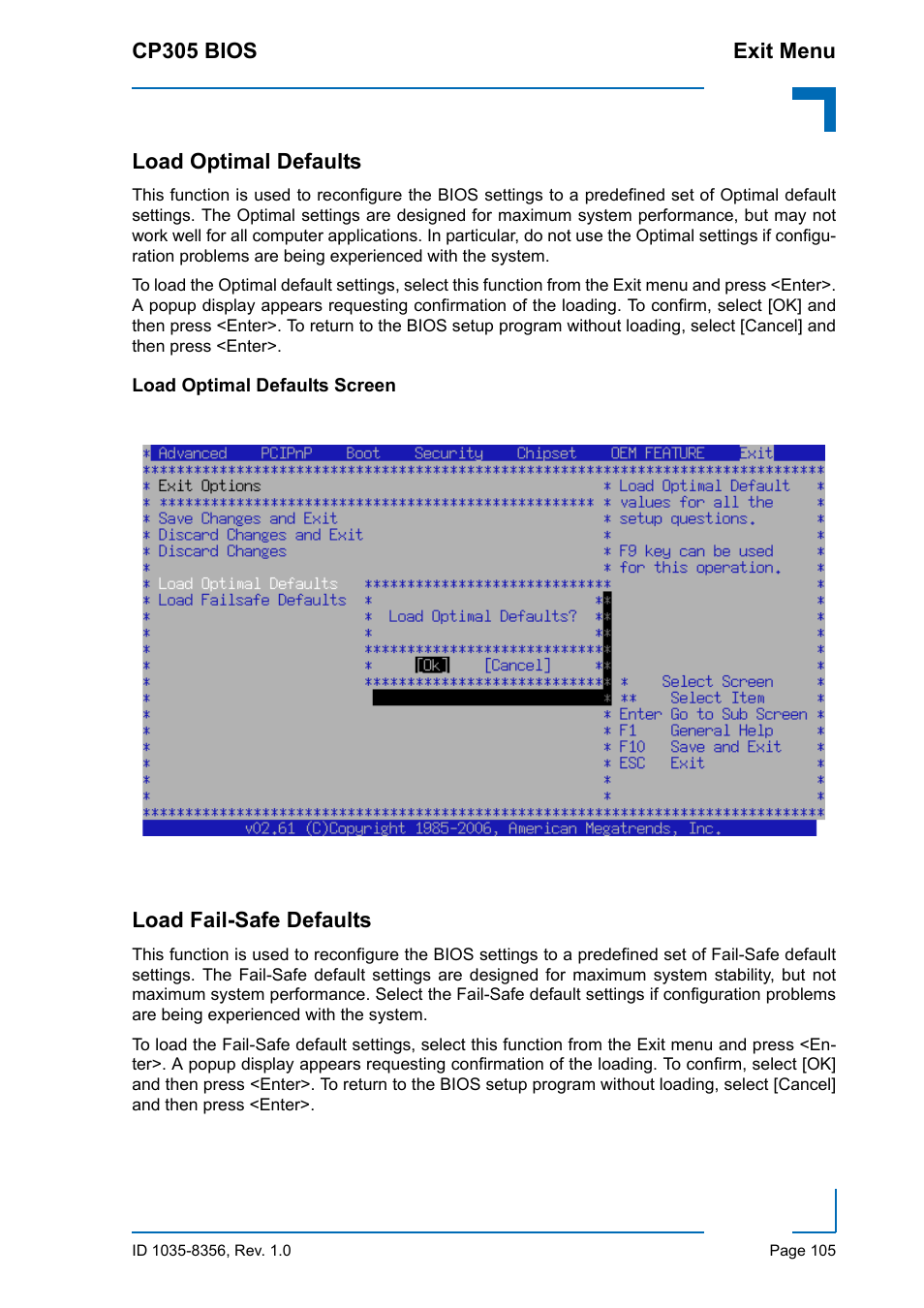 Load optimal defaults, Load optimal defaults screen, Load fail-safe defaults | Kontron CP305 BIOS User Manual | Page 115 / 124