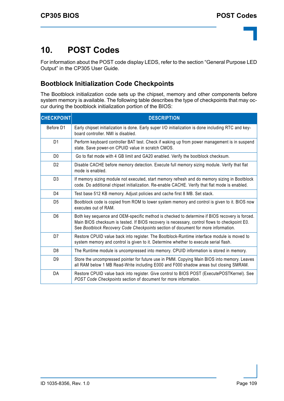 Post codes, Bootblock initialization code checkpoints, Cp305 bios post codes | Kontron CP305 BIOS User Manual | Page 119 / 124