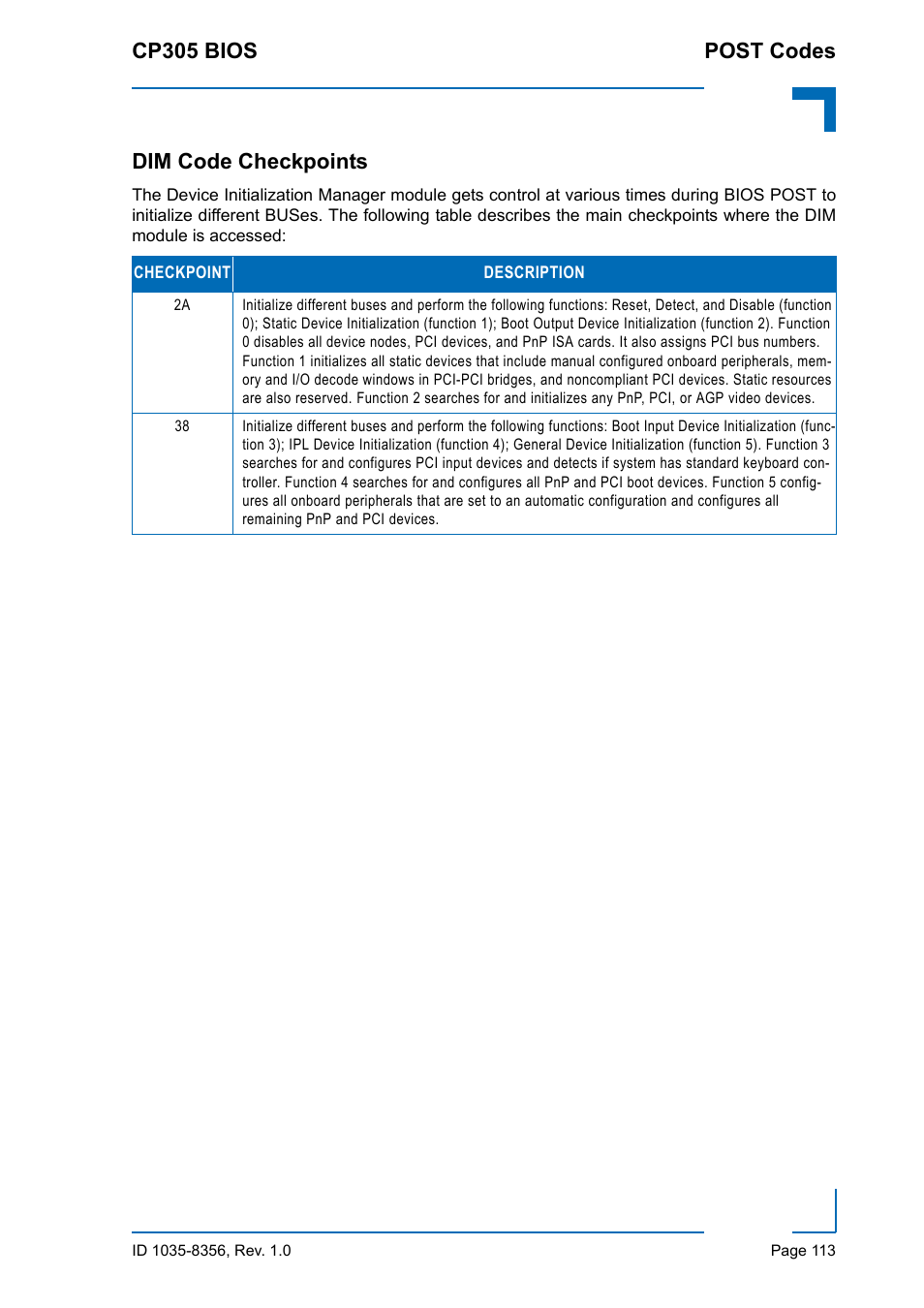 Dim code checkpoints | Kontron CP305 BIOS User Manual | Page 123 / 124