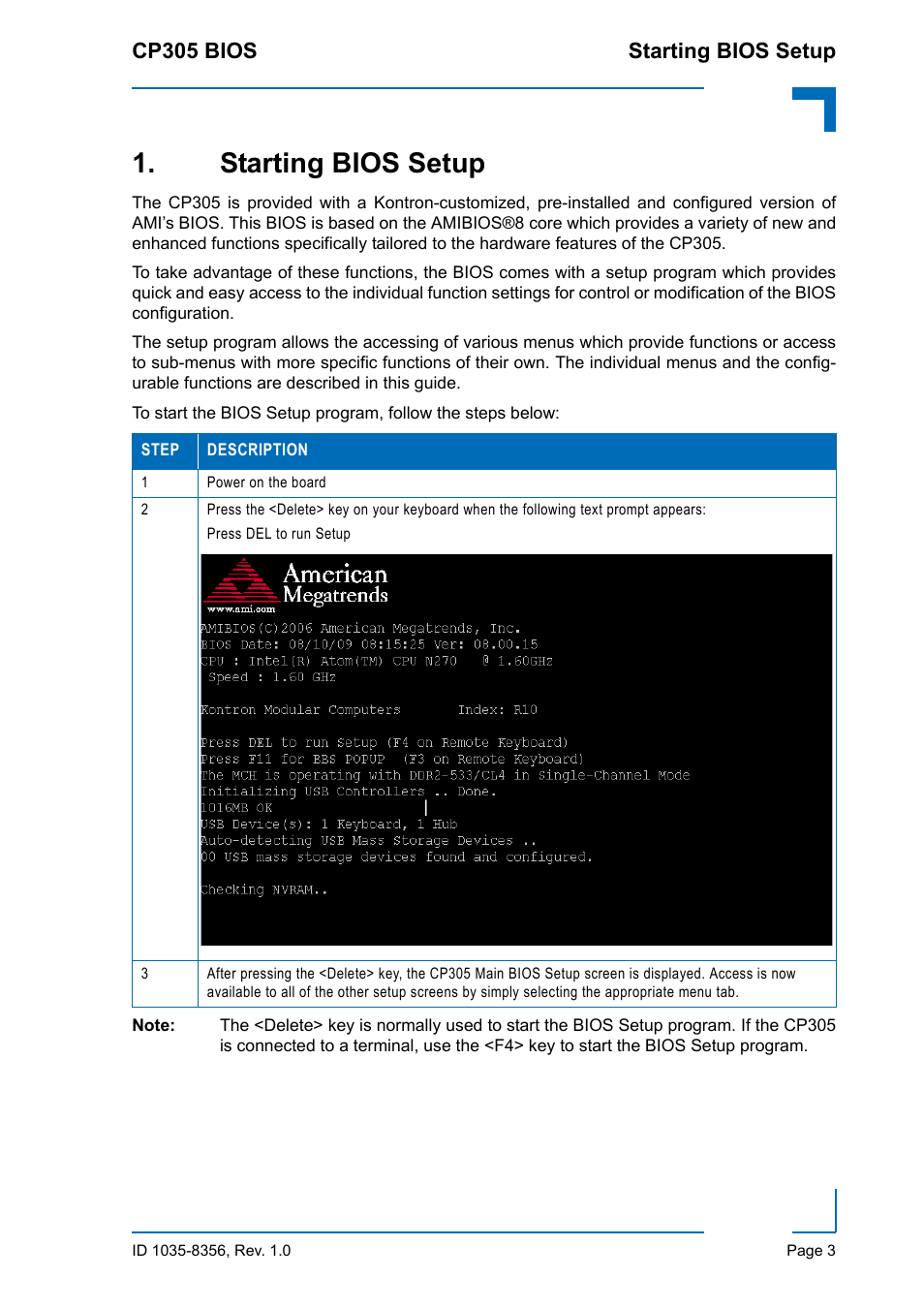 Starting bios setup | Kontron CP305 BIOS User Manual | Page 13 / 124