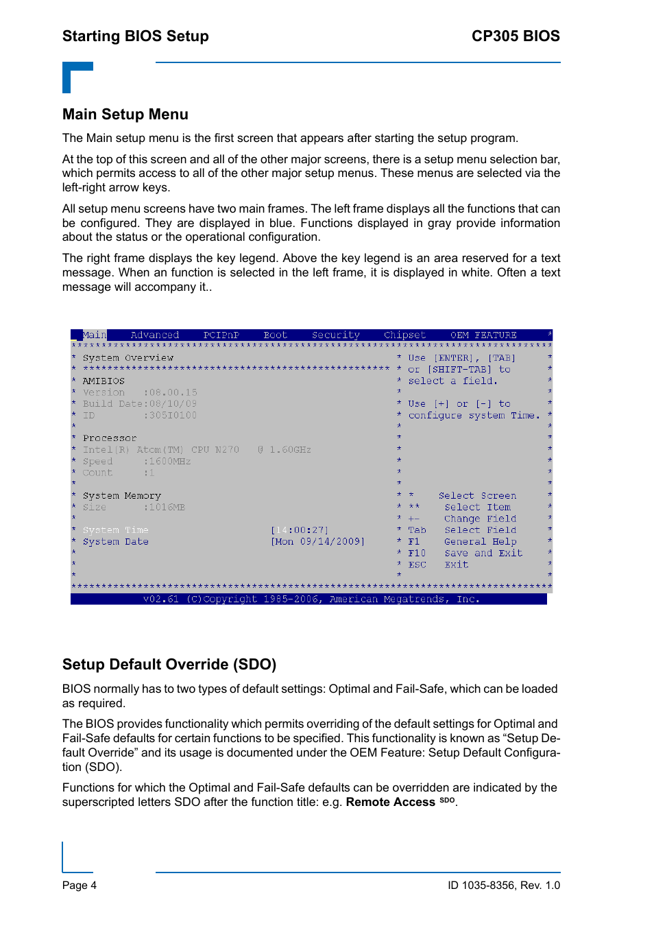 Main setup menu, Setup default override (sdo), Main setup menu setup default override (sdo) | Kontron CP305 BIOS User Manual | Page 14 / 124