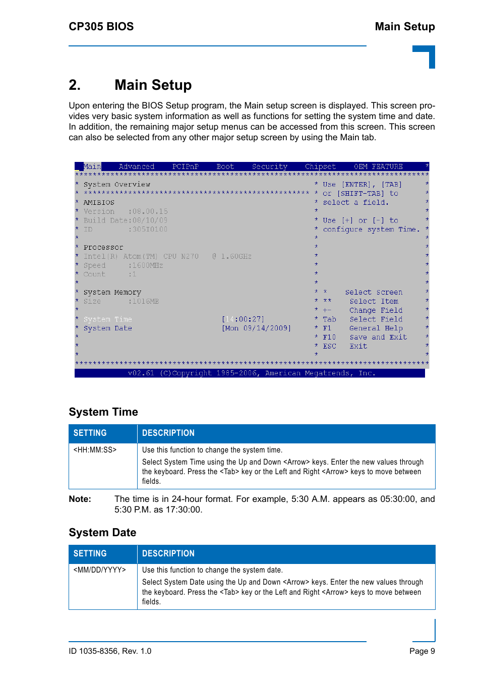 Main setup, System time, System date | System time system date | Kontron CP305 BIOS User Manual | Page 19 / 124