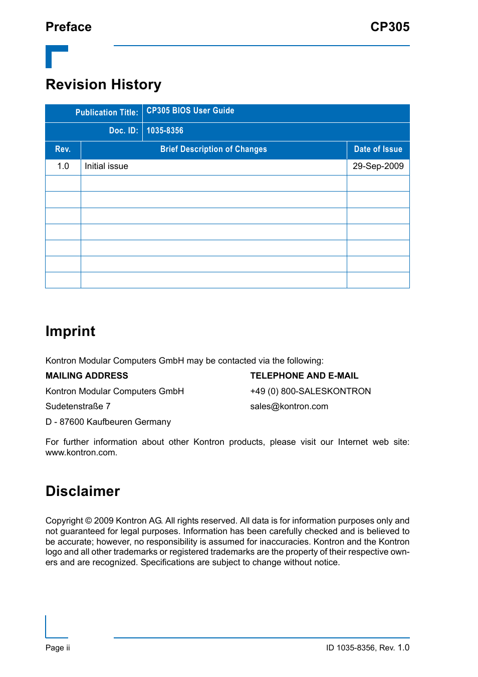 Revision history, Imprint, Disclaimer | Revision history imprint, Preface cp305 | Kontron CP305 BIOS User Manual | Page 2 / 124