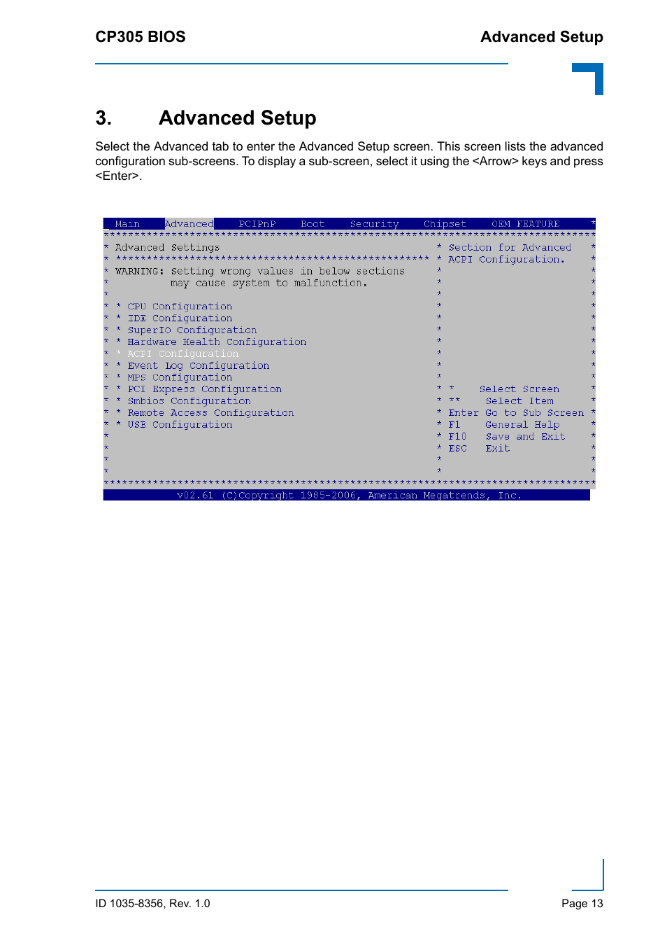 Advanced setup | Kontron CP305 BIOS User Manual | Page 23 / 124