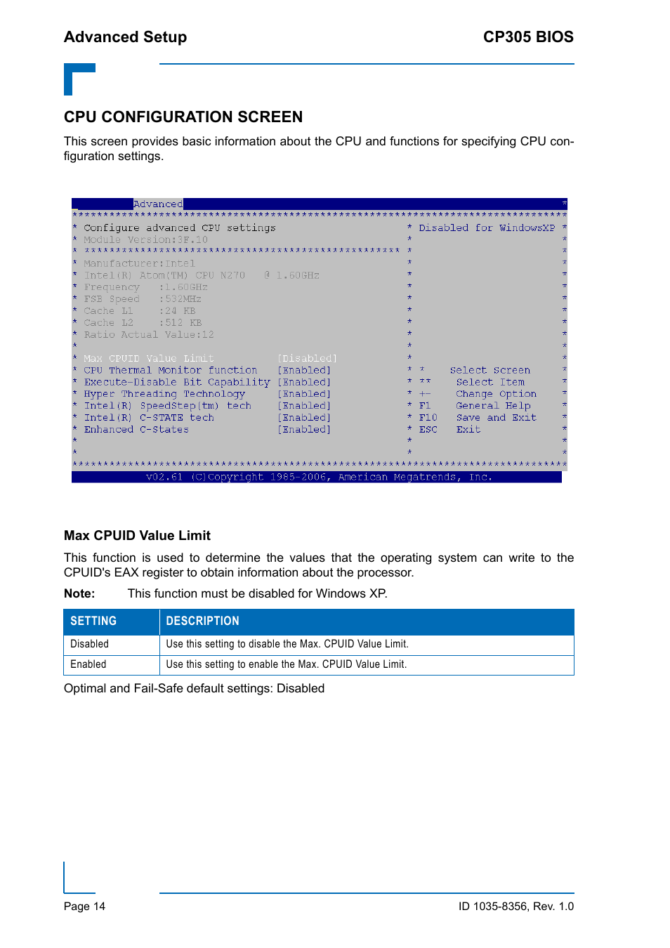 Cpu configuration screen, Max cpuid value limit, Advanced setup cp305 bios | Kontron CP305 BIOS User Manual | Page 24 / 124