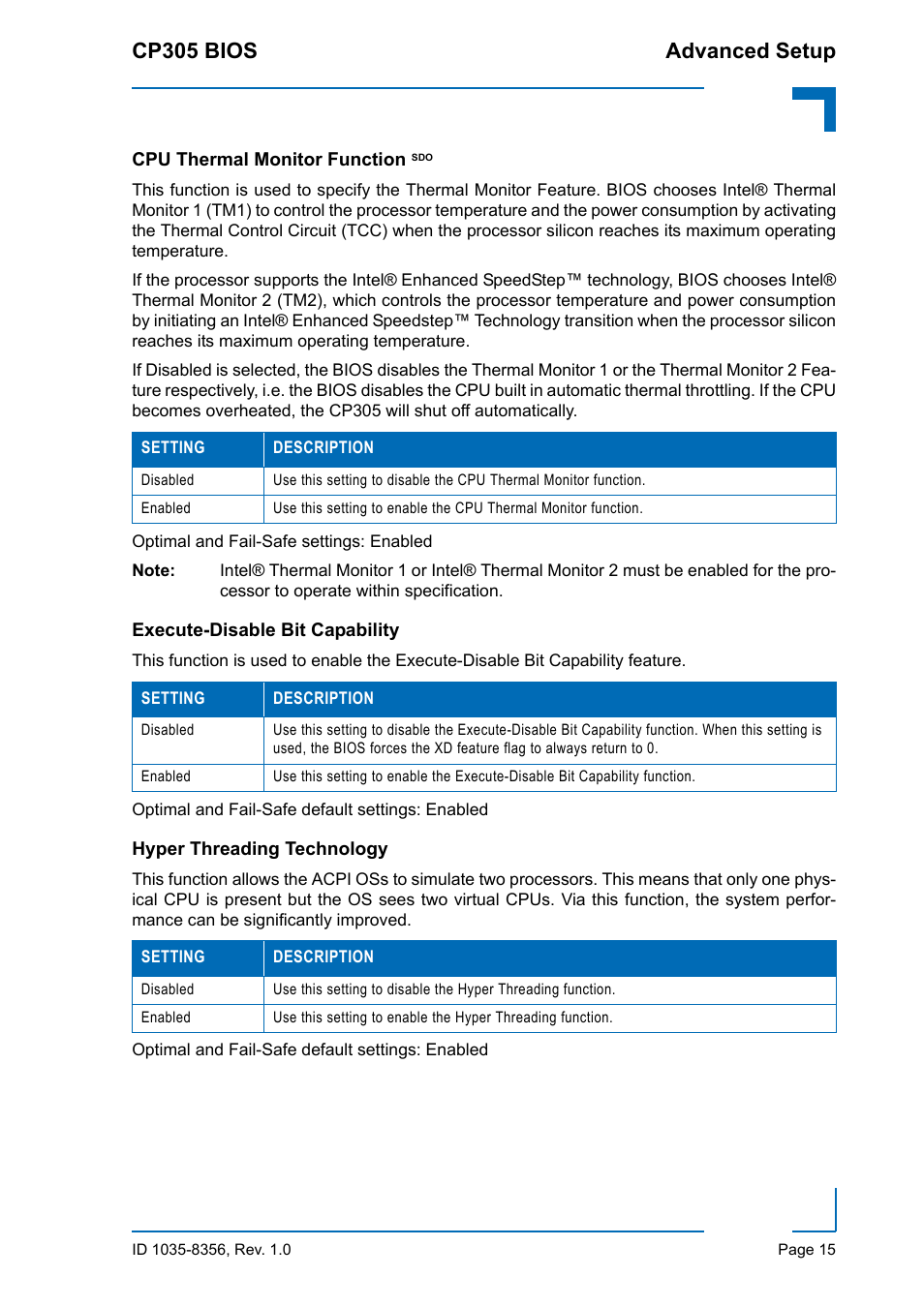 Cpu thermal monitor function sdo, Execute-disable bit capability, Hyper threading technology | Cp305 bios advanced setup | Kontron CP305 BIOS User Manual | Page 25 / 124