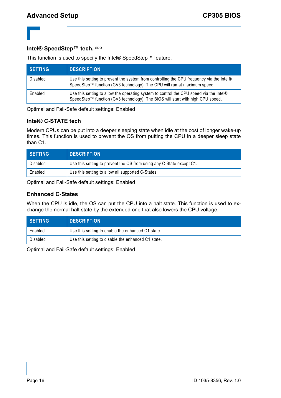 Intel® speedstep™ tech. sdo, Intel® c-state tech, Enhanced c-states | Advanced setup cp305 bios | Kontron CP305 BIOS User Manual | Page 26 / 124