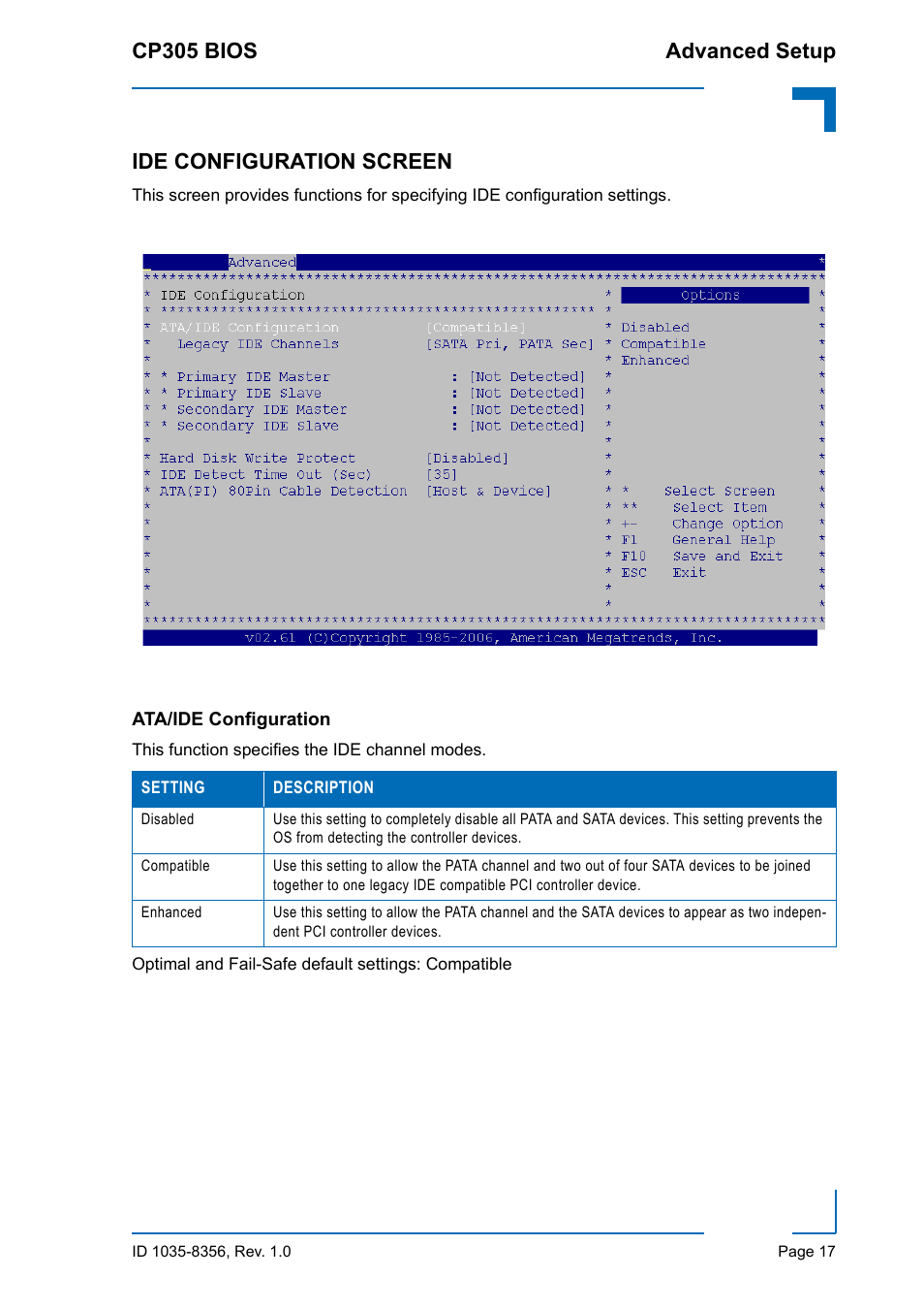 Ide configuration screen, Ata/ide configuration, Cp305 bios advanced setup | Kontron CP305 BIOS User Manual | Page 27 / 124