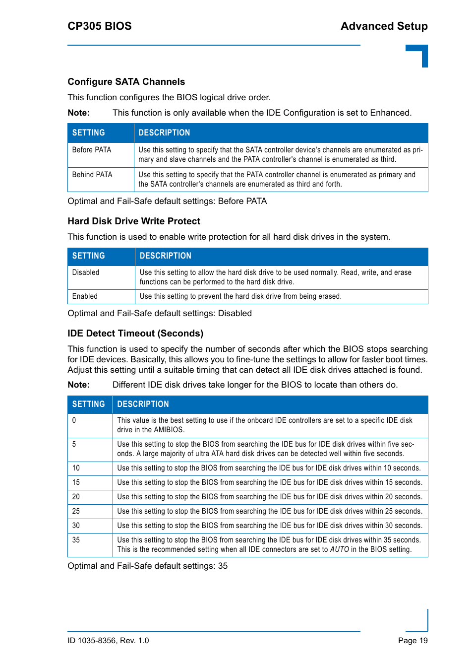 Configure sata channels, Hard disk drive write protect, Ide detect timeout (seconds) | Cp305 bios advanced setup | Kontron CP305 BIOS User Manual | Page 29 / 124