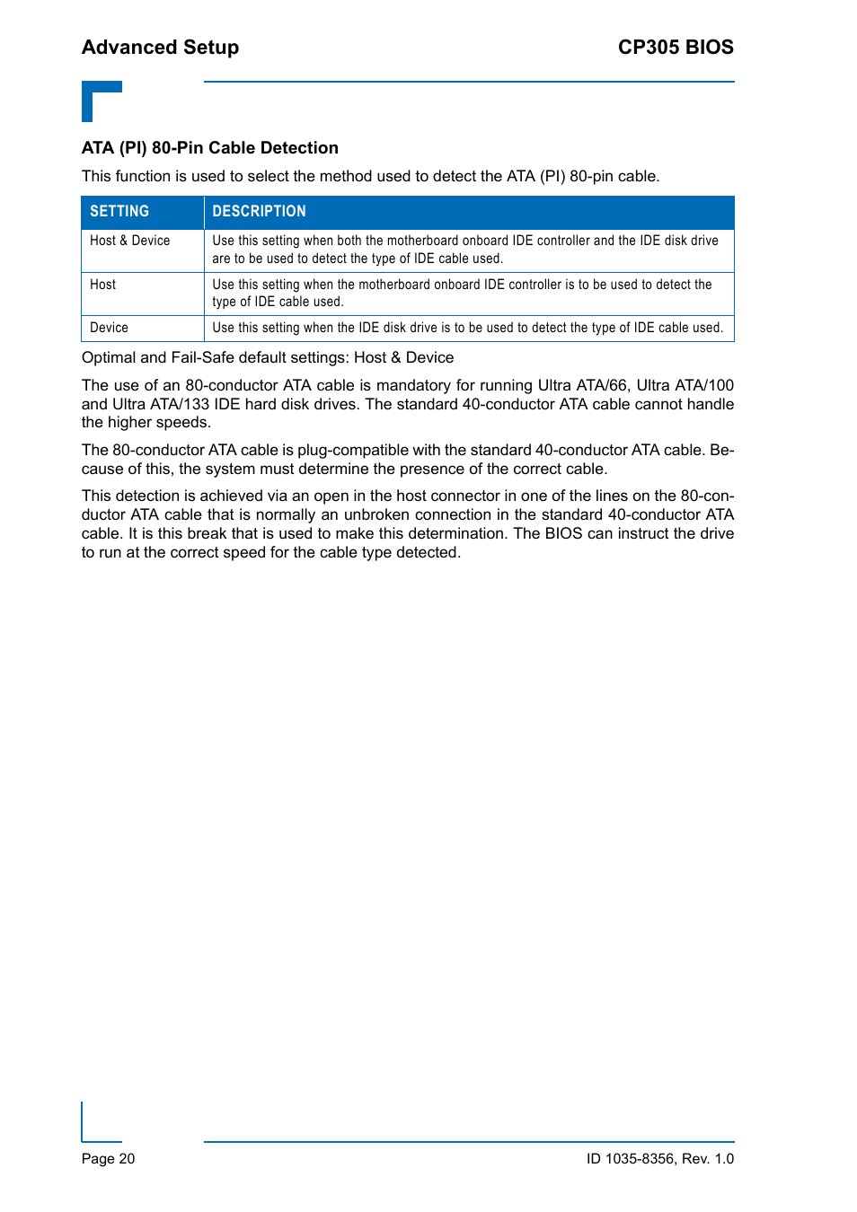 Ata (pi) 80-pin cable detection, Advanced setup cp305 bios | Kontron CP305 BIOS User Manual | Page 30 / 124