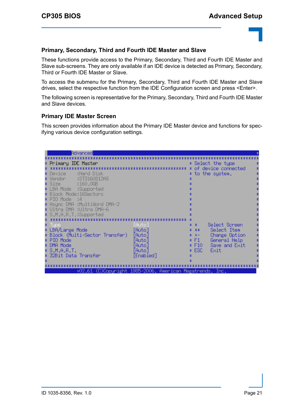 Primary ide master screen | Kontron CP305 BIOS User Manual | Page 31 / 124