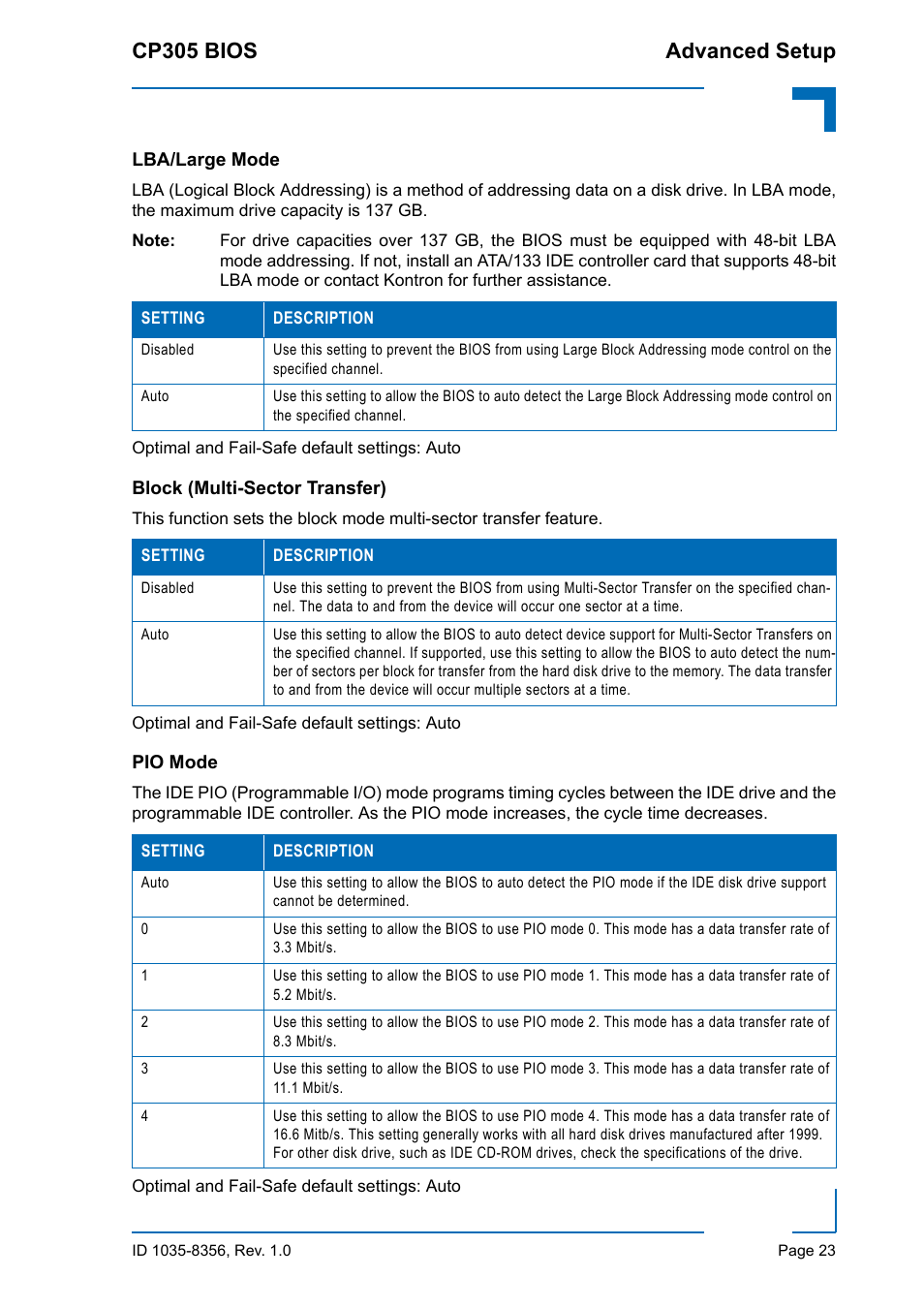 Lba/large mode, Block (multi-sector transfer), Pio mode | Cp305 bios advanced setup | Kontron CP305 BIOS User Manual | Page 33 / 124