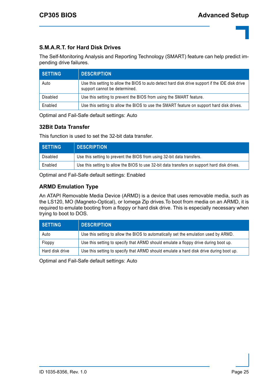 S.m.a.r.t. for hard disk drives, 32bit data transfer, Armd emulation type | Cp305 bios advanced setup | Kontron CP305 BIOS User Manual | Page 35 / 124