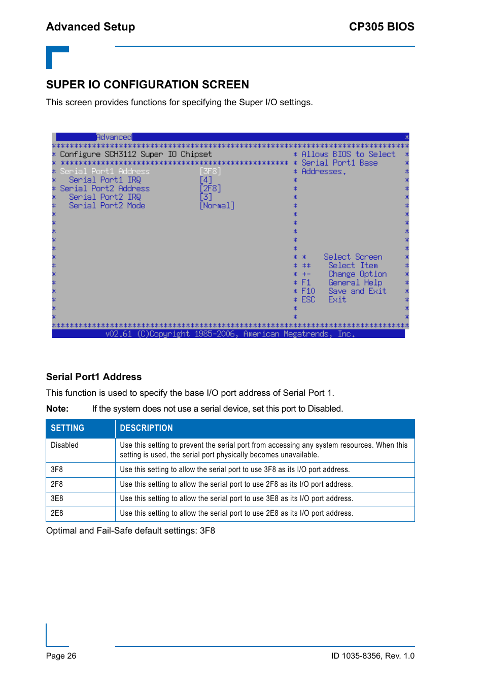 Super io configuration screen, Serial port1 address, Advanced setup cp305 bios | Kontron CP305 BIOS User Manual | Page 36 / 124