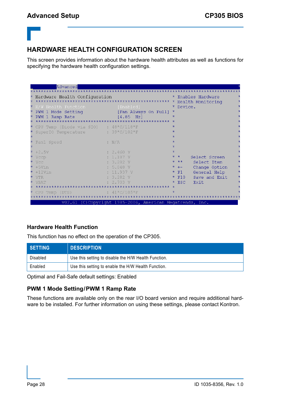 Hardware health configuration screen, Hardware health function, Pwm 1 mode setting / pwm 1 ramp rate | Kontron CP305 BIOS User Manual | Page 38 / 124