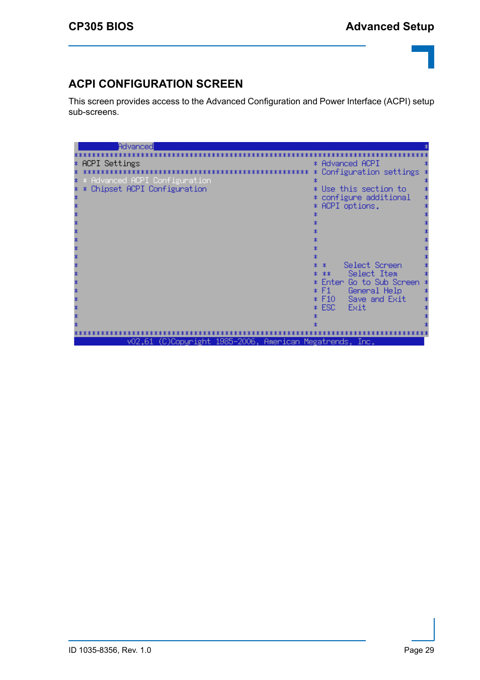 Acpi configuration screen | Kontron CP305 BIOS User Manual | Page 39 / 124