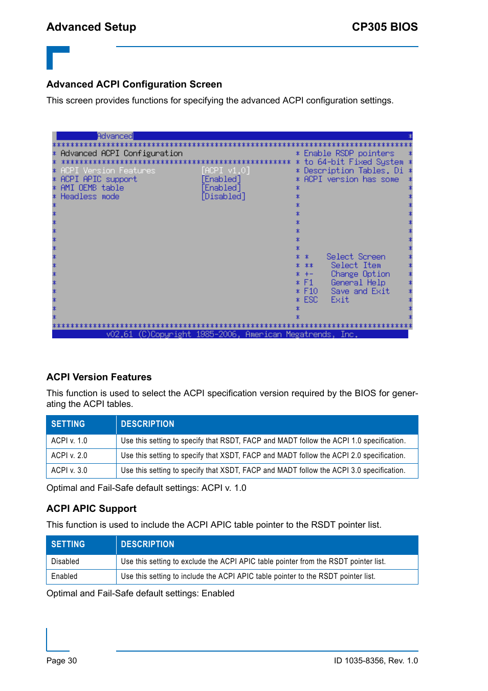 Advanced acpi configuration screen, Acpi version features, Acpi apic support | Acpi version features acpi apic support, Advanced setup cp305 bios | Kontron CP305 BIOS User Manual | Page 40 / 124