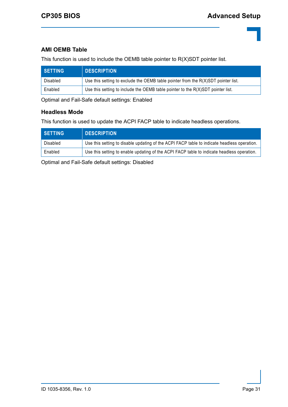 Ami oemb table, Headless mode, Ami oemb table headless mode | Cp305 bios advanced setup | Kontron CP305 BIOS User Manual | Page 41 / 124