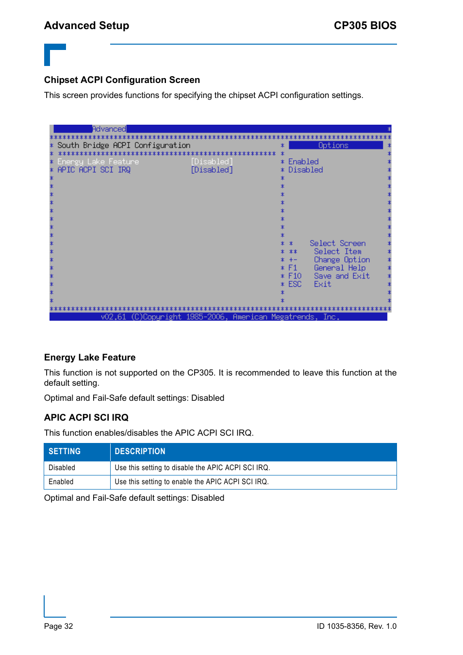 Chipset acpi configuration screen, Energy lake feature, Apic acpi sci irq | Energy lake feature apic acpi sci irq, Advanced setup cp305 bios | Kontron CP305 BIOS User Manual | Page 42 / 124