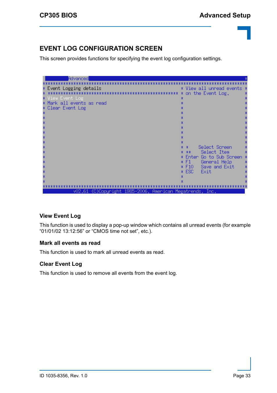 Event log configuration screen, View event log, Mark all events as read | Clear event log | Kontron CP305 BIOS User Manual | Page 43 / 124