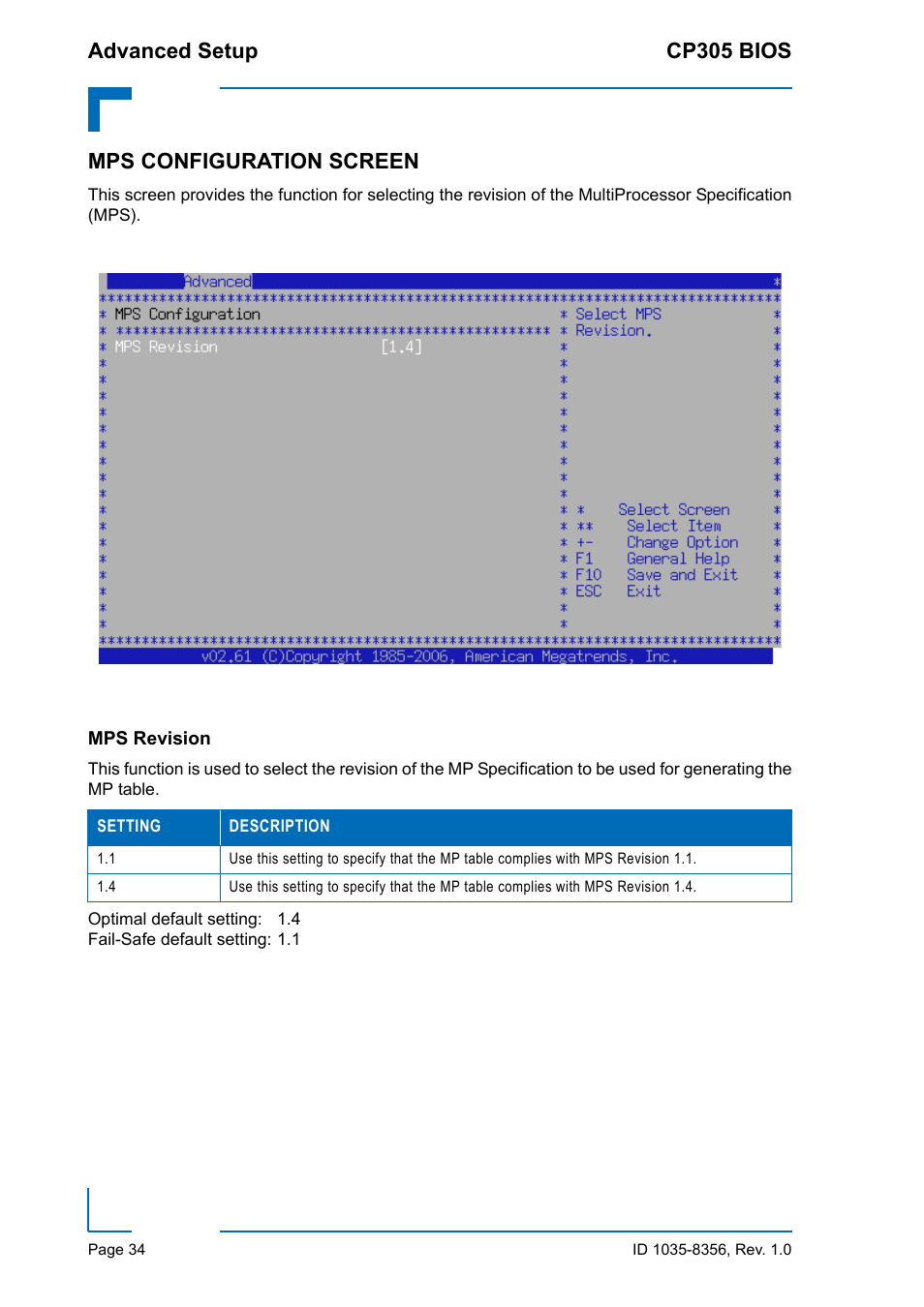 Mps configuration screen, Mps revision | Kontron CP305 BIOS User Manual | Page 44 / 124