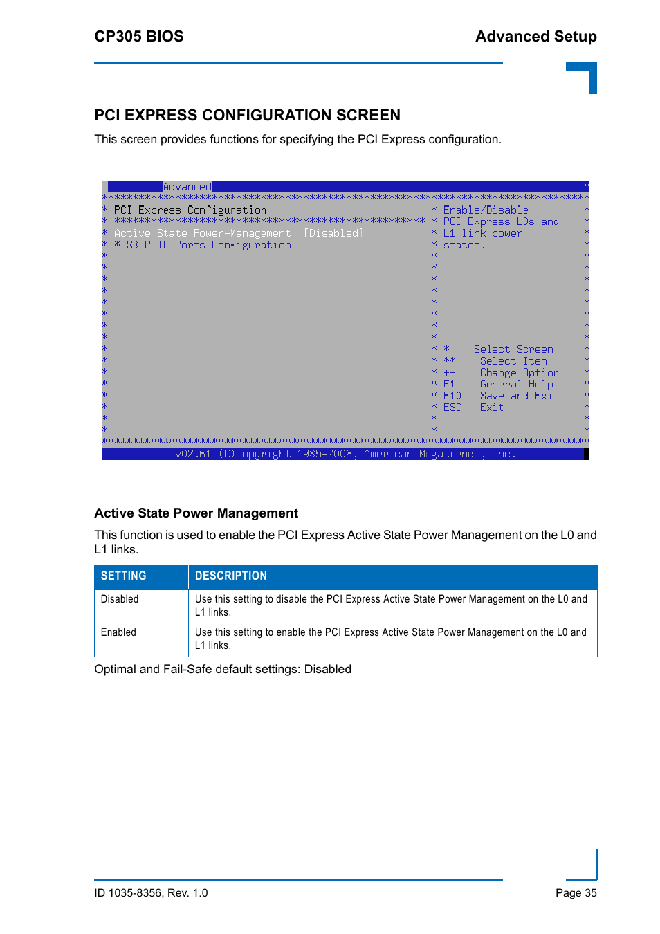 Pci express configuration screen, Active state power management | Kontron CP305 BIOS User Manual | Page 45 / 124