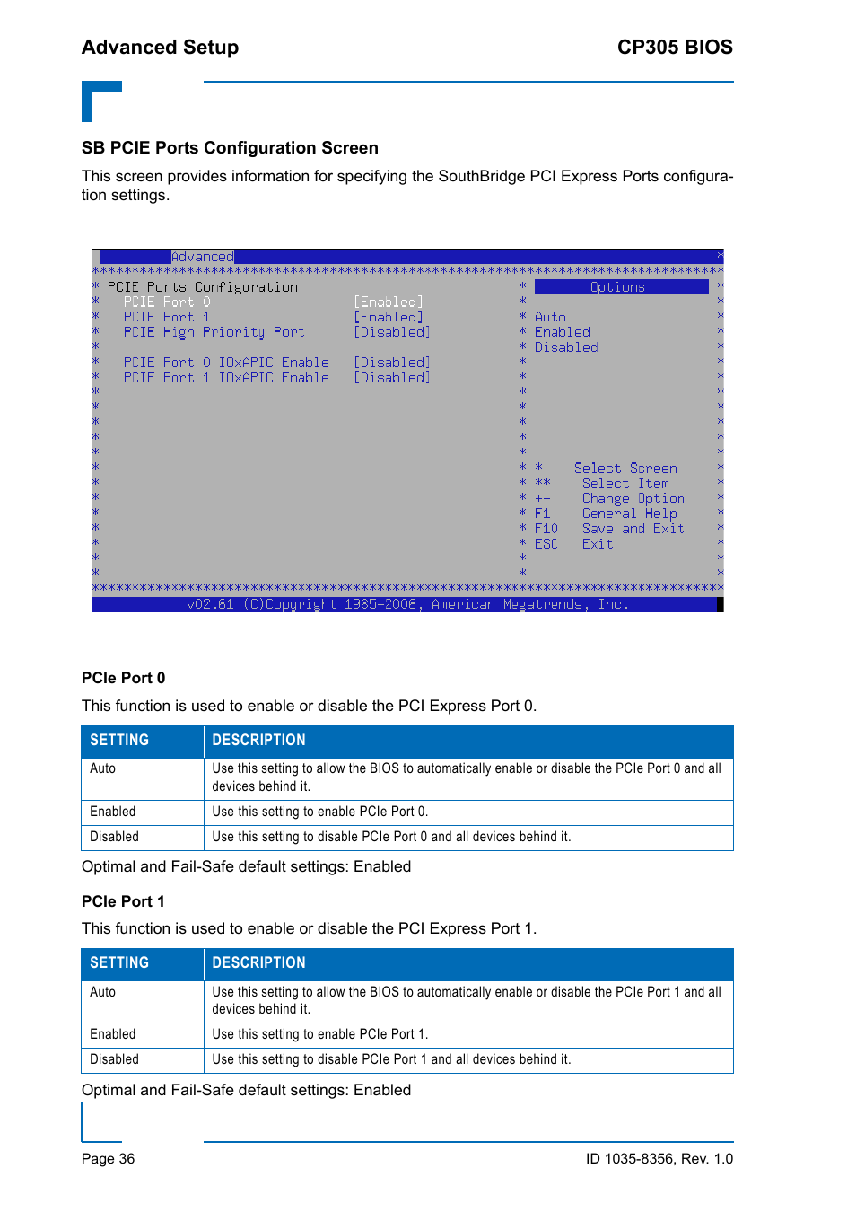 Sb pcie ports configuration screen, Pcie port 0, Pcie port 1 | Advanced setup cp305 bios | Kontron CP305 BIOS User Manual | Page 46 / 124