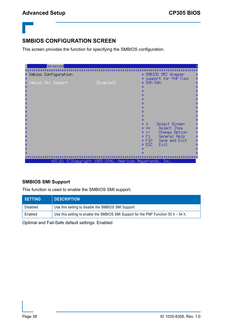 Smbios configuration screen, Smbios smi support | Kontron CP305 BIOS User Manual | Page 48 / 124