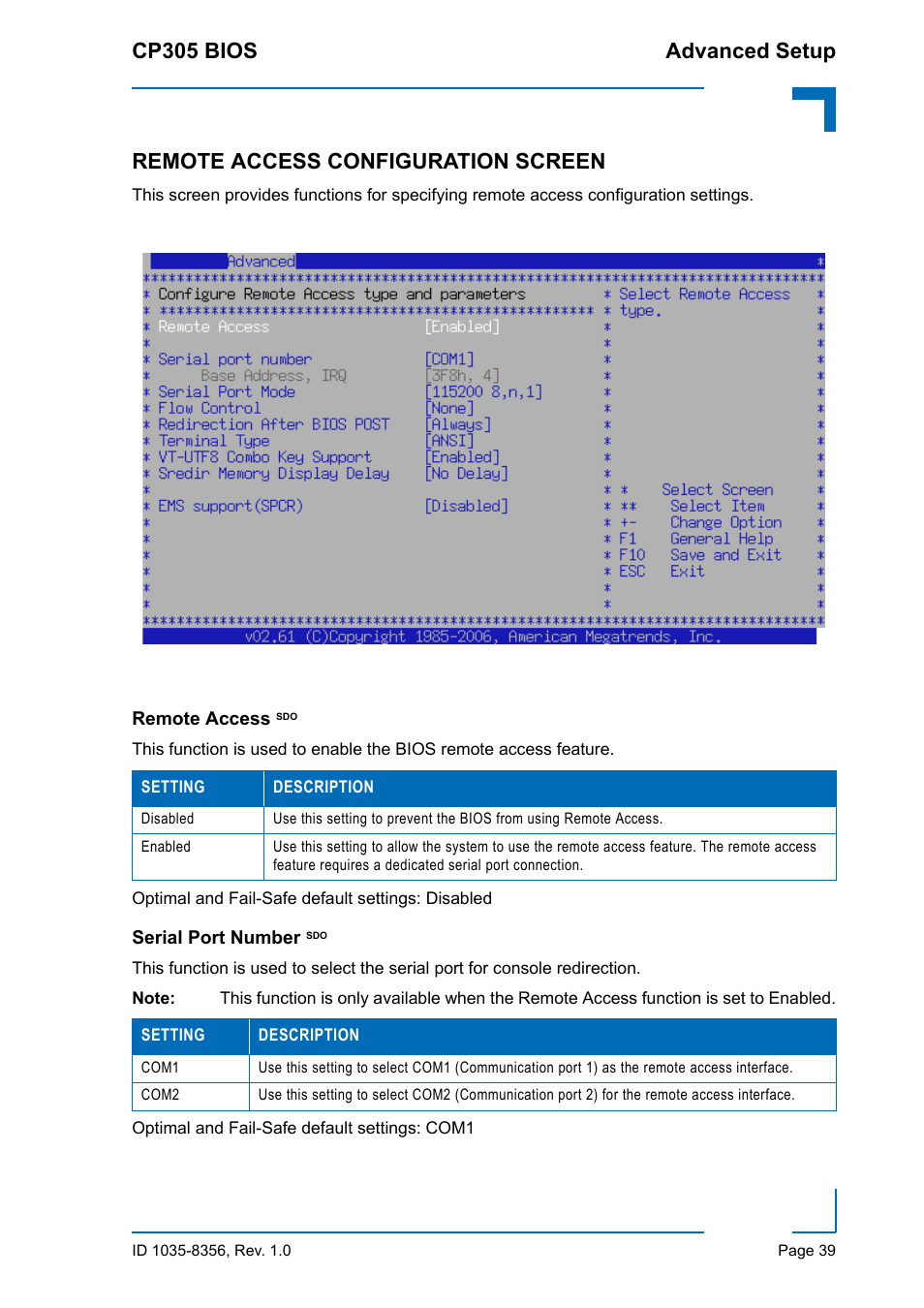 Remote access configuration screen, Remote access sdo, Serial port number sdo | Remote access sdo serial port number sdo, Cp305 bios advanced setup | Kontron CP305 BIOS User Manual | Page 49 / 124