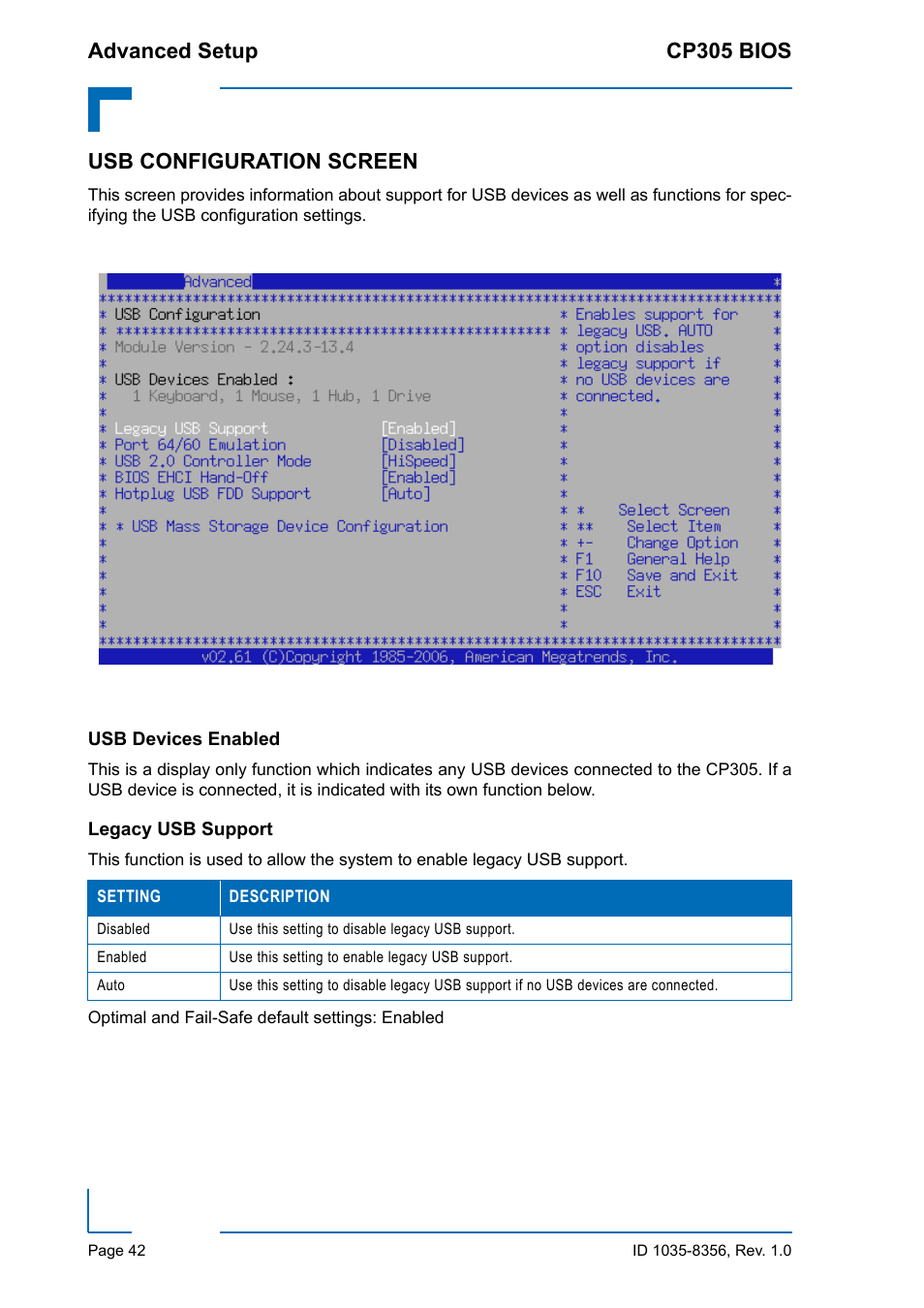 Usb configuration screen, Usb devices enabled, Legacy usb support | Usb devices enabled legacy usb support, Advanced setup cp305 bios | Kontron CP305 BIOS User Manual | Page 52 / 124