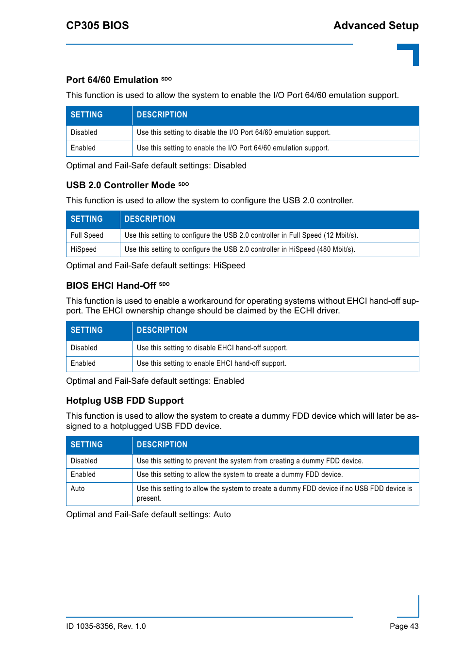 Port 64/60 emulation sdo, Usb 2.0 controller mode sdo, Bios ehci hand-off sdo | Hotplug usb fdd support, Cp305 bios advanced setup | Kontron CP305 BIOS User Manual | Page 53 / 124