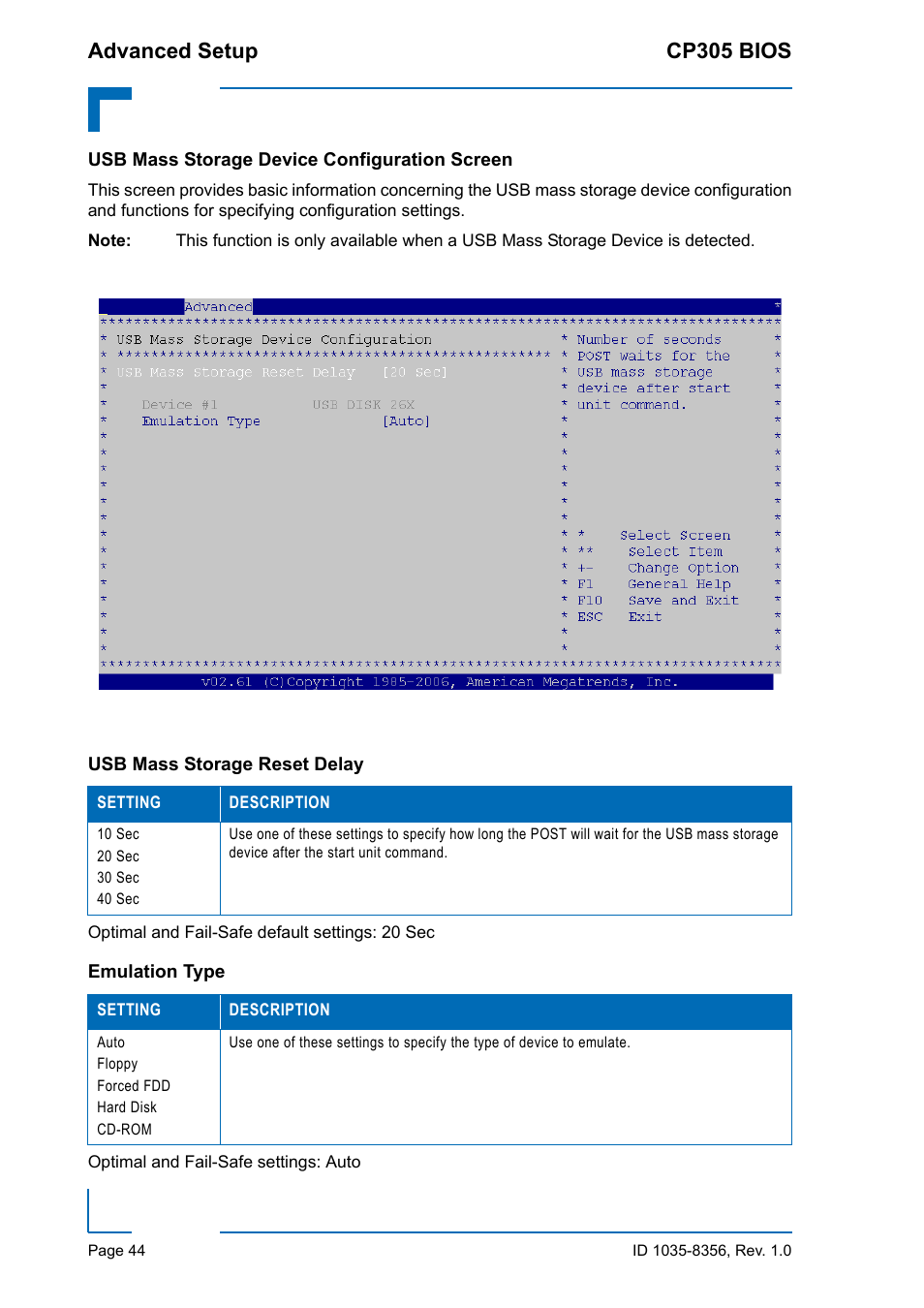 Usb mass storage device configuration screen, Usb mass storage reset delay, Emulation type | Usb mass storage reset delay emulation type, Advanced setup cp305 bios | Kontron CP305 BIOS User Manual | Page 54 / 124