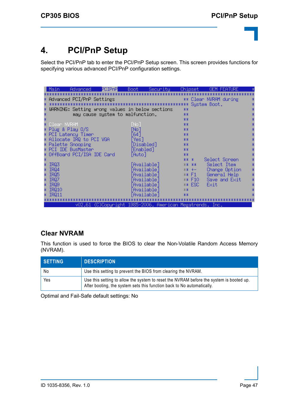 Pci/pnp setup, Clear nvram | Kontron CP305 BIOS User Manual | Page 57 / 124