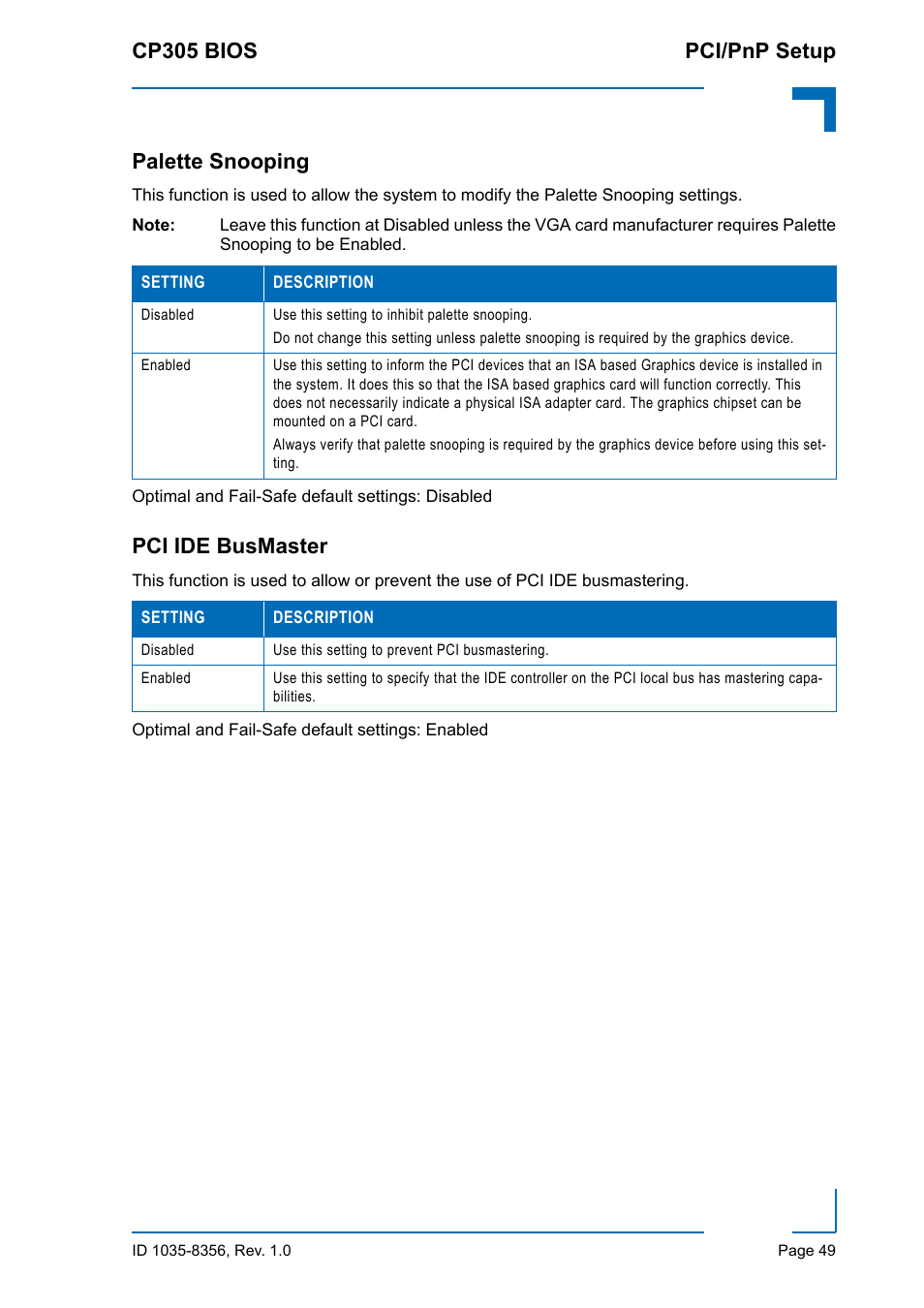 Palette snooping, Pci ide busmaster, Palette snooping pci ide busmaster | Cp305 bios pci/pnp setup | Kontron CP305 BIOS User Manual | Page 59 / 124