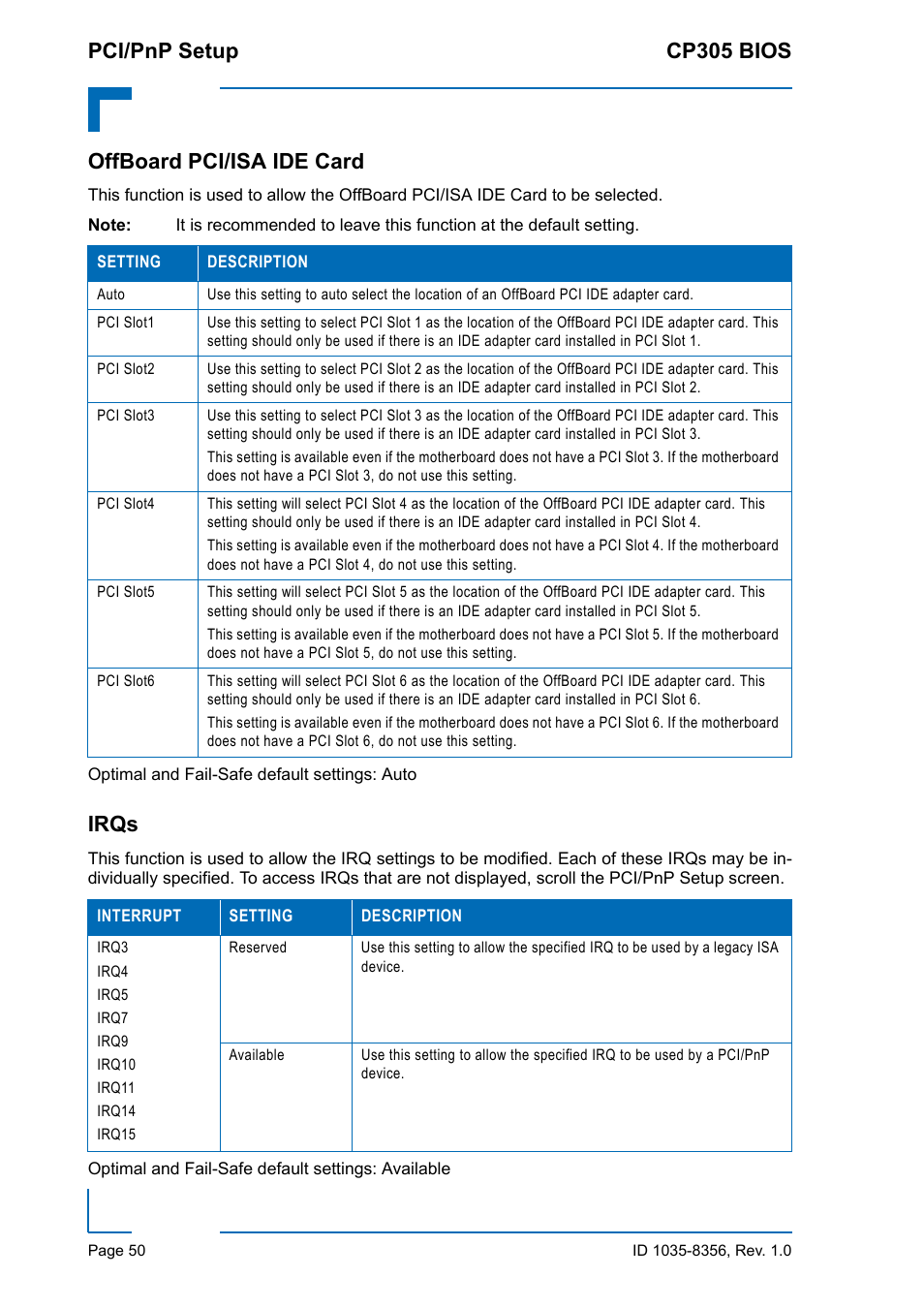 Offboard pci/isa ide card, Irqs, Offboard pci/isa ide card irqs | Pci/pnp setup cp305 bios | Kontron CP305 BIOS User Manual | Page 60 / 124