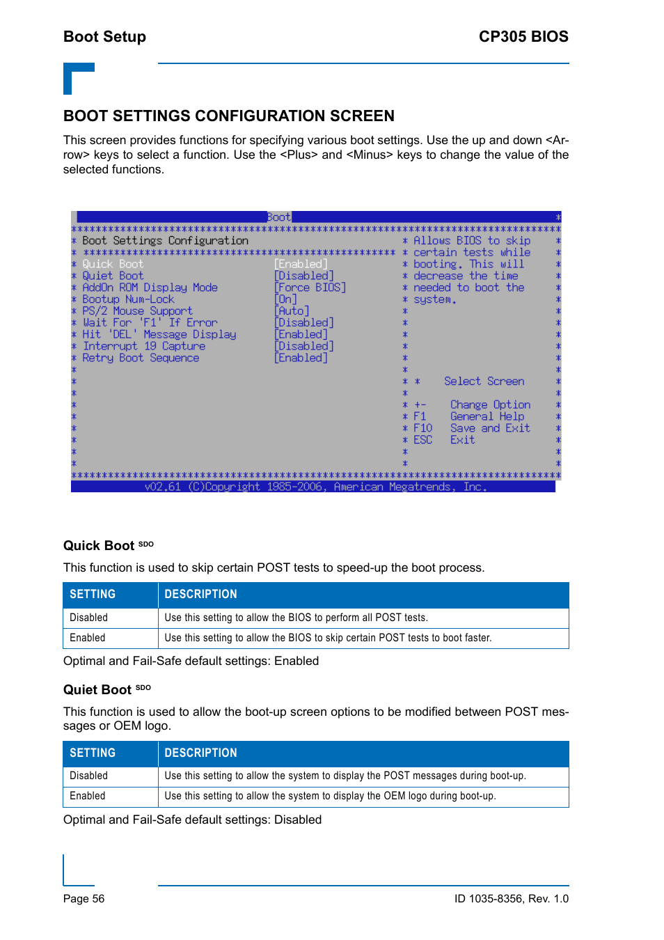 Boot settings configuration screen, Quick boot sdo, Quiet boot sdo | Quick boot sdo quiet boot sdo, Boot setup cp305 bios | Kontron CP305 BIOS User Manual | Page 66 / 124