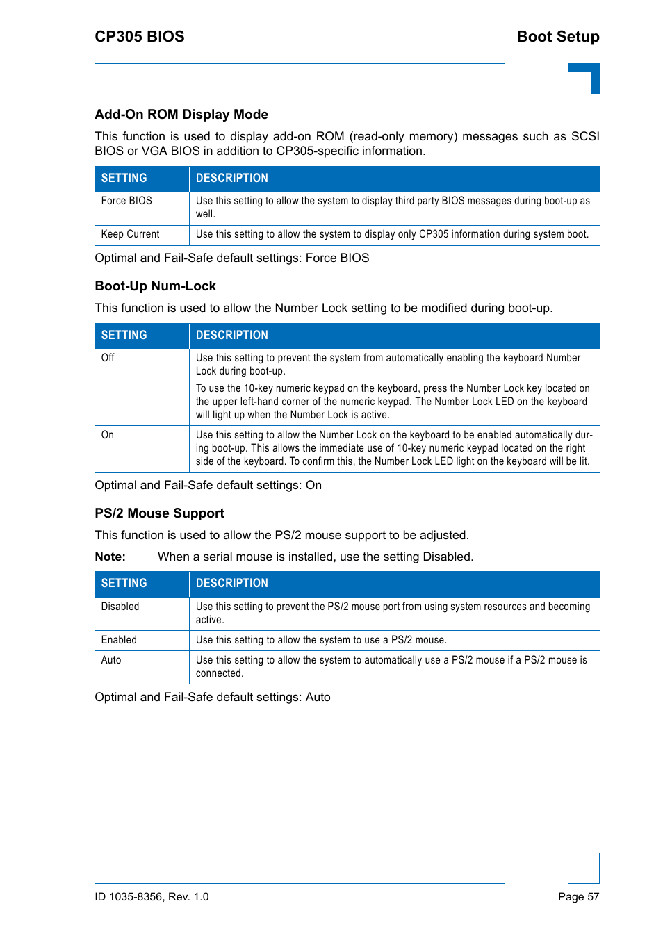 Add-on rom display mode, Boot-up num-lock, Ps/2 mouse support | Cp305 bios boot setup | Kontron CP305 BIOS User Manual | Page 67 / 124