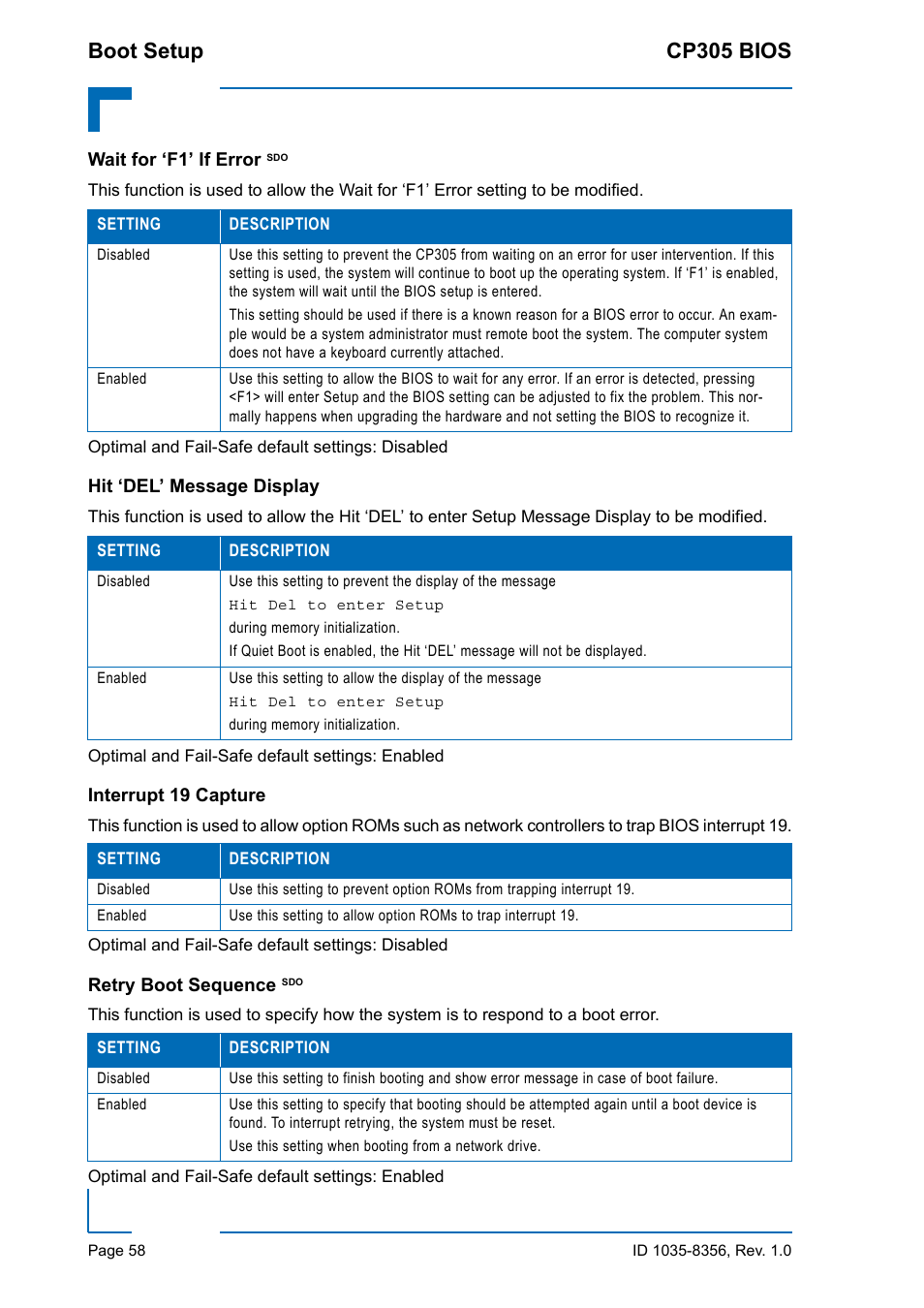 Wait for ‘f1’ if error sdo, Hit ‘del’ message display, Interrupt 19 capture | Retry boot sequence sdo, Boot setup cp305 bios | Kontron CP305 BIOS User Manual | Page 68 / 124