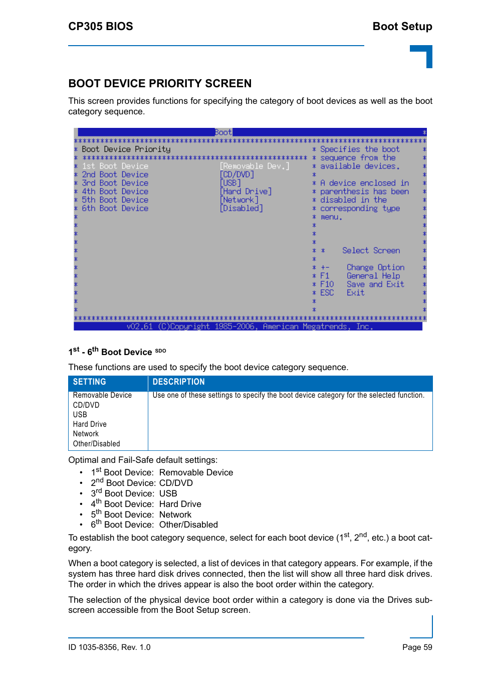 Boot device priority screen, 1st - 6th boot device sdo, Cp305 bios boot setup | Kontron CP305 BIOS User Manual | Page 69 / 124