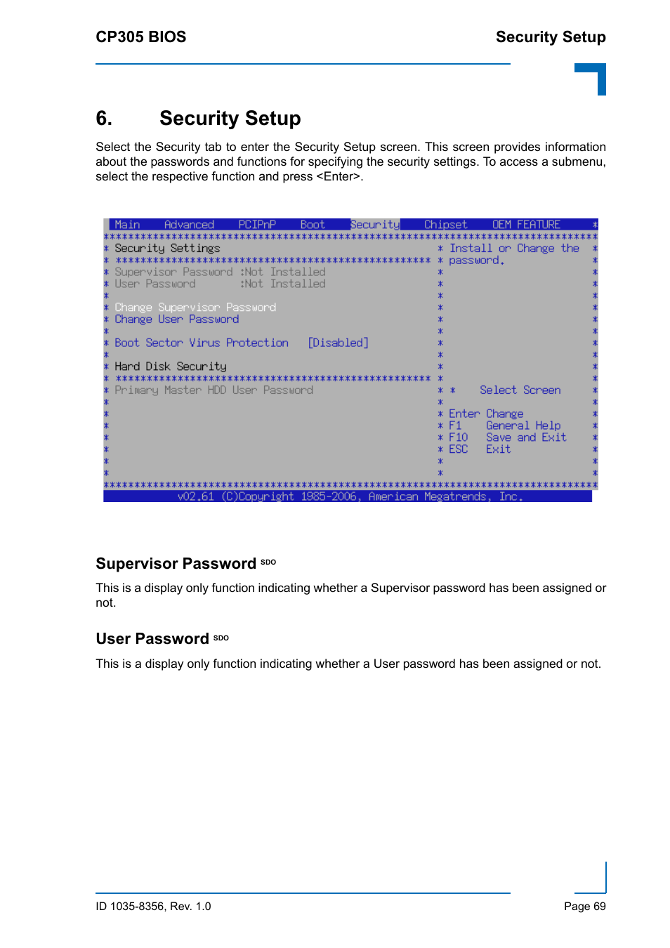 Security setup, Supervisor password sdo, User password sdo | Kontron CP305 BIOS User Manual | Page 79 / 124