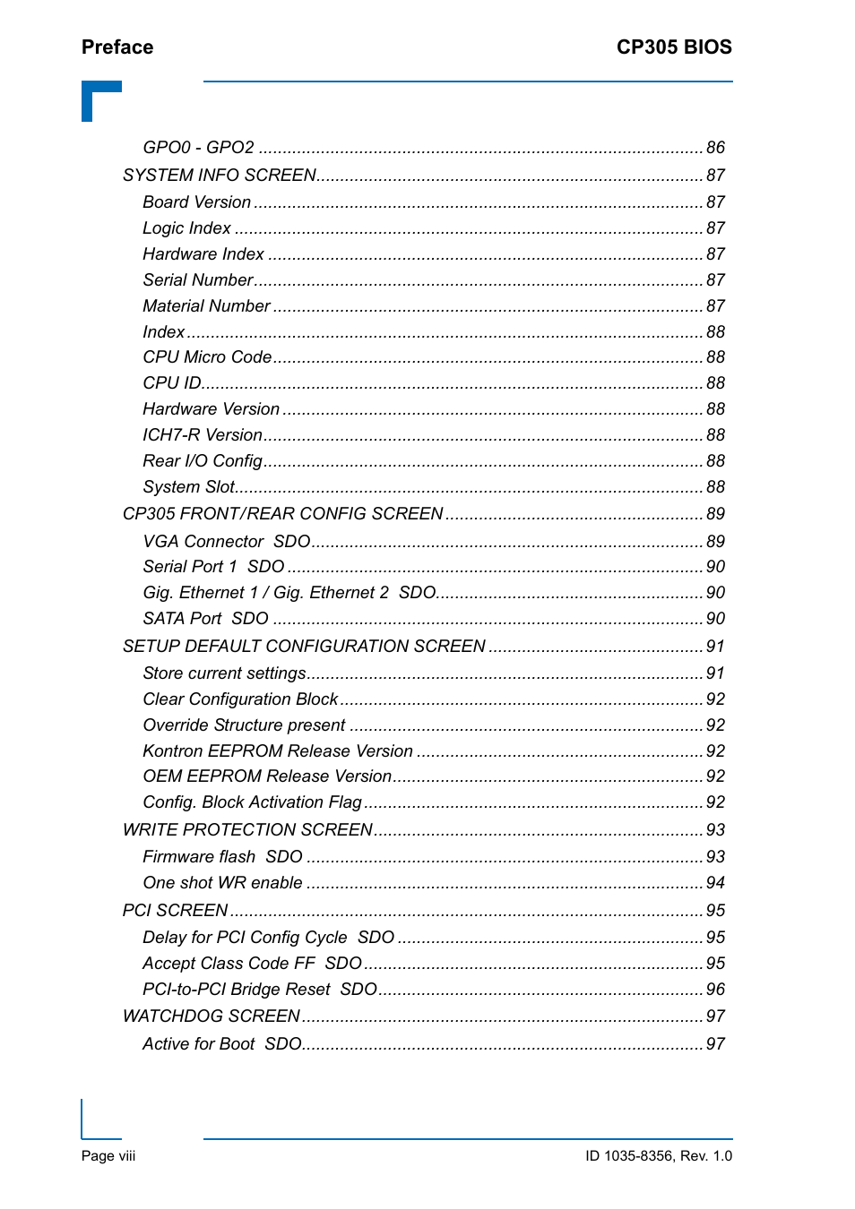 Kontron CP305 BIOS User Manual | Page 8 / 124