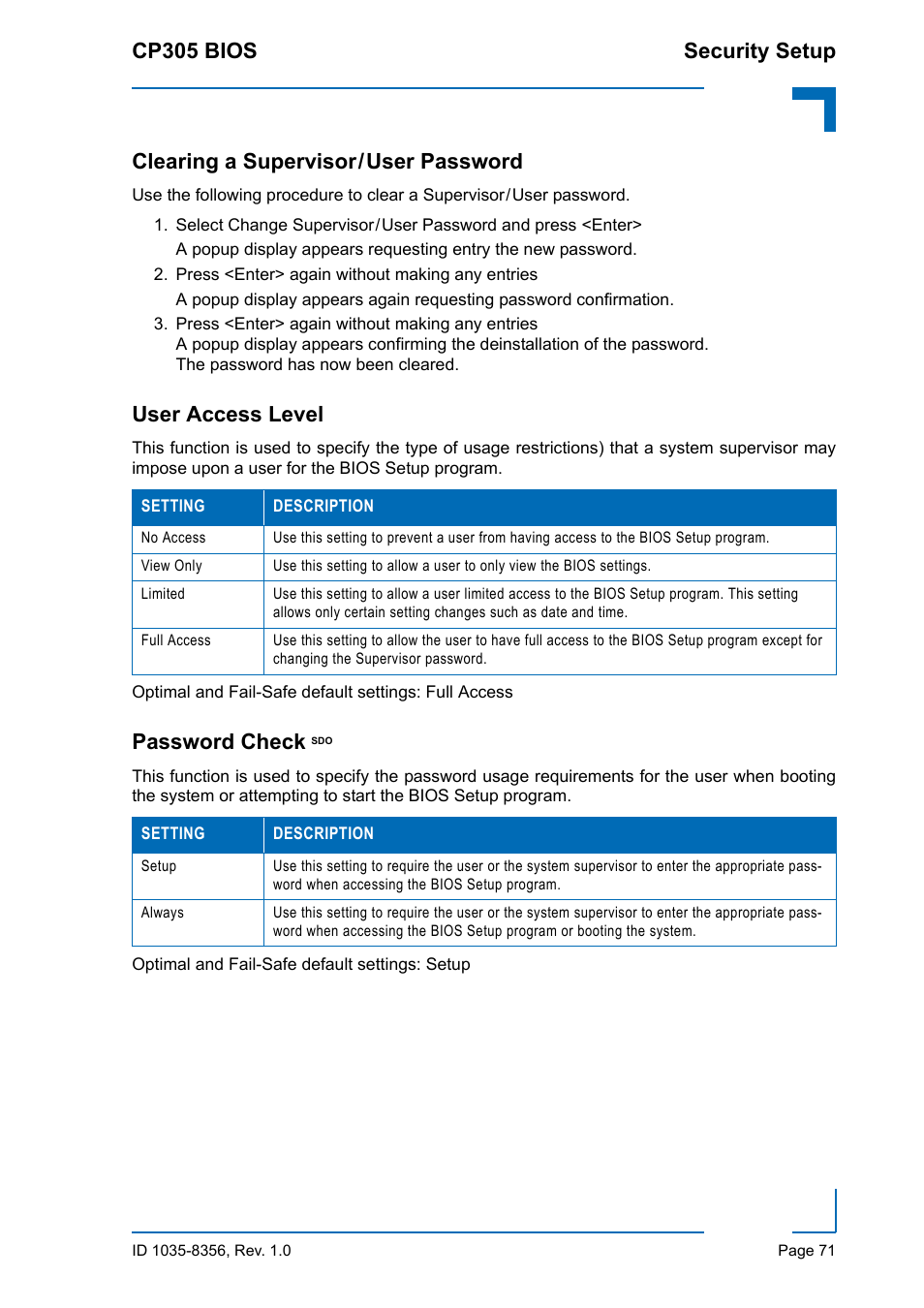 Clearing a supervisor / user password, User access level, Password check sdo | Cp305 bios security setup, Clearing a supervisor/user password, Password check | Kontron CP305 BIOS User Manual | Page 81 / 124