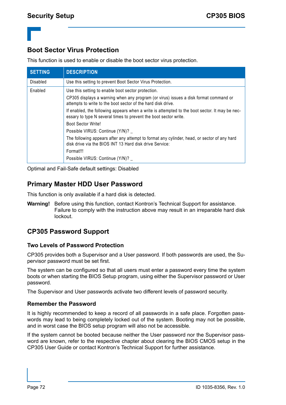 Boot sector virus protection, Primary master hdd user password, Cp305 password support | Two levels of password protection, Remember the password, Security setup cp305 bios | Kontron CP305 BIOS User Manual | Page 82 / 124