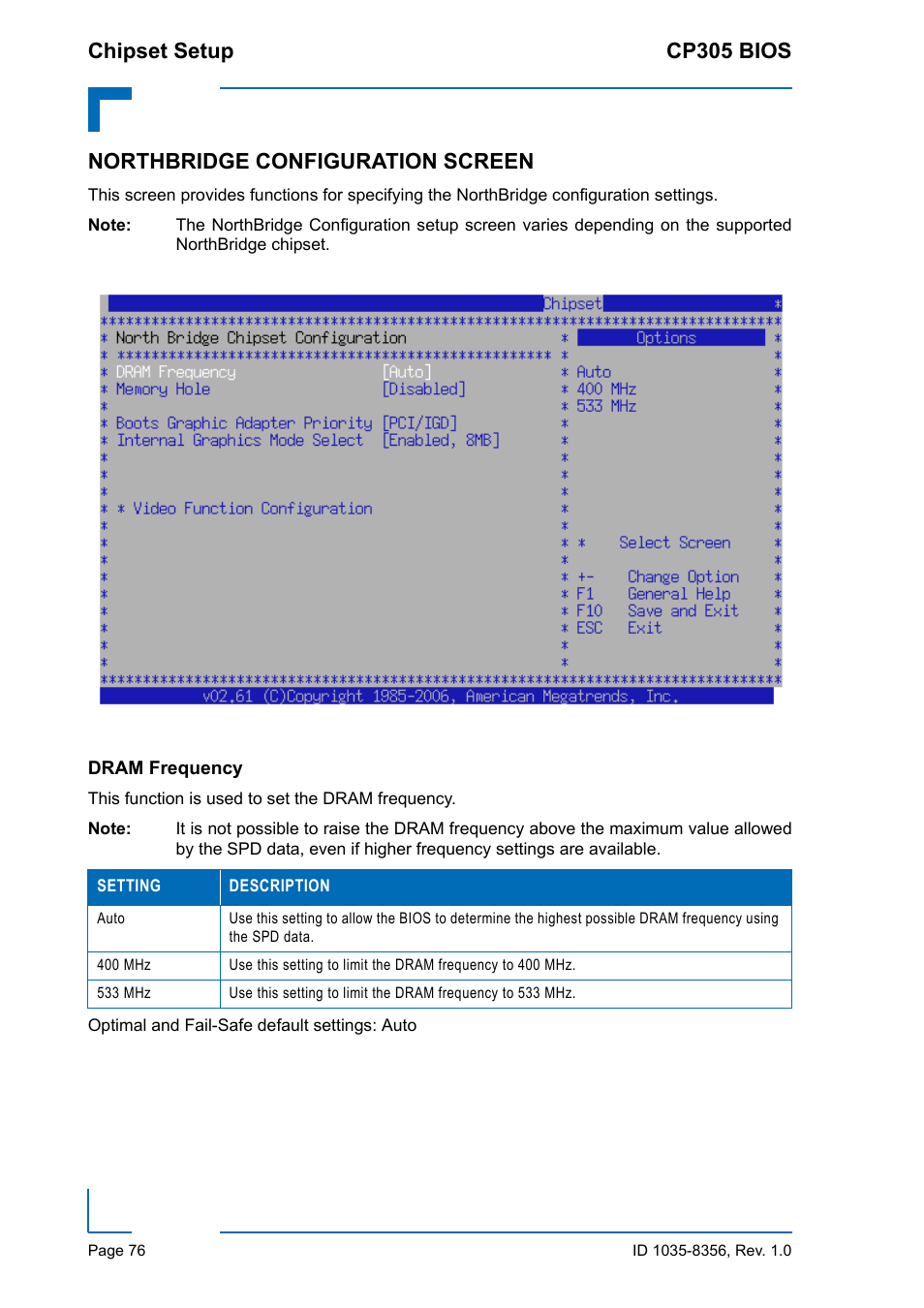 Northbridge configuration screen, Dram frequency, Chipset setup cp305 bios | Kontron CP305 BIOS User Manual | Page 86 / 124