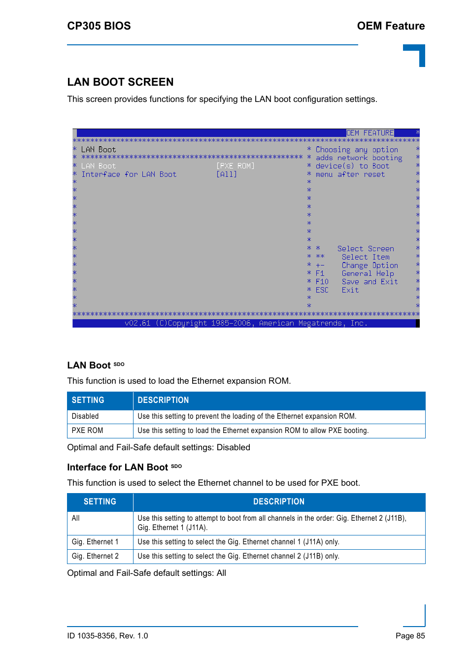 Lan boot screen, Lan boot sdo, Interface for lan boot sdo | Lan boot sdo interface for lan boot sdo, Cp305 bios oem feature | Kontron CP305 BIOS User Manual | Page 95 / 124