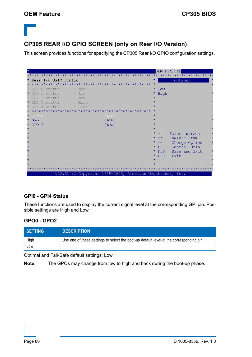 Gpi0 - gpi4 status, Gpo0 - gpo2 | Kontron CP305 BIOS User Manual | Page 96 / 124